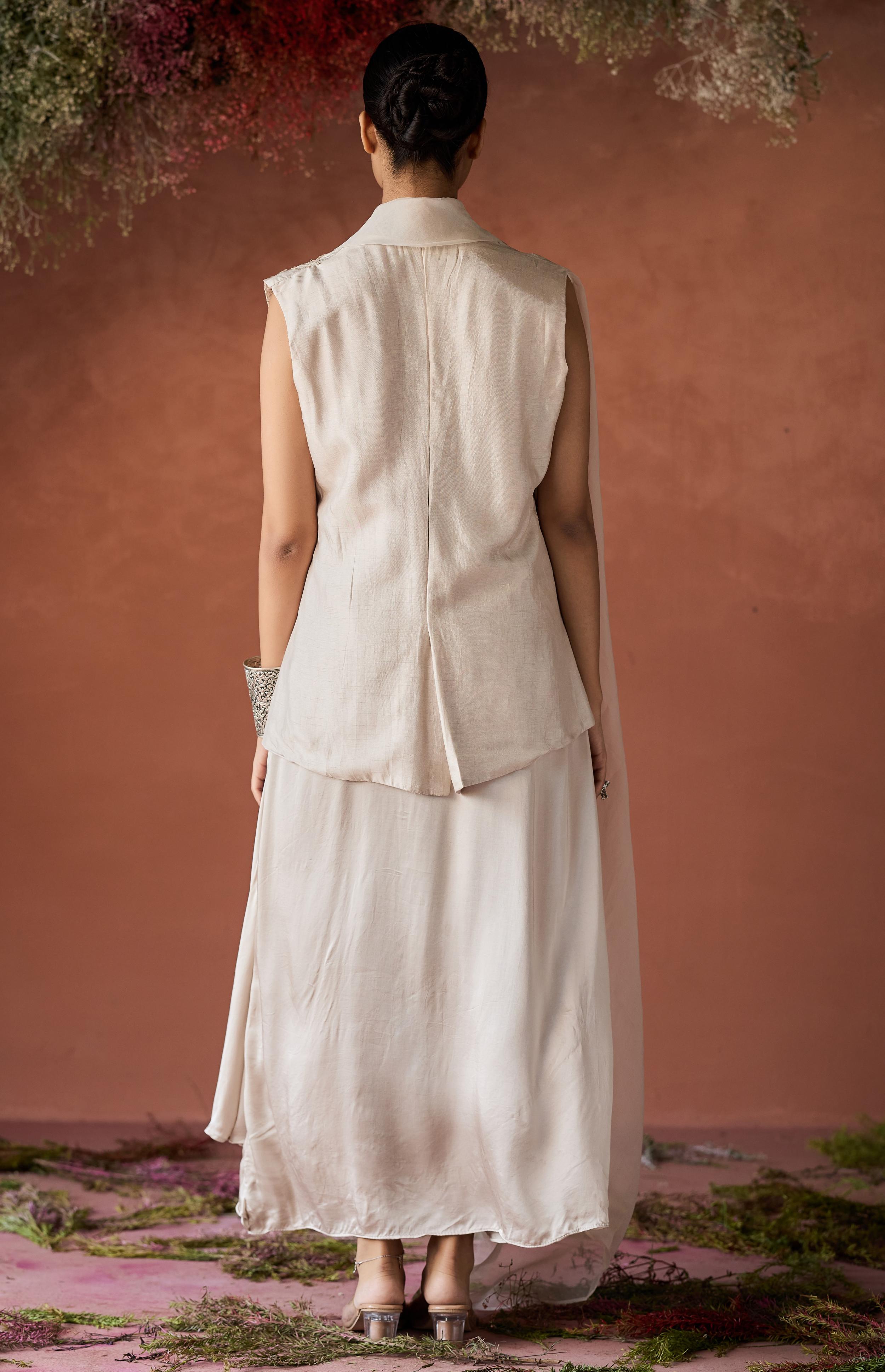 White Embroidered Raw Silk Jacket Dress