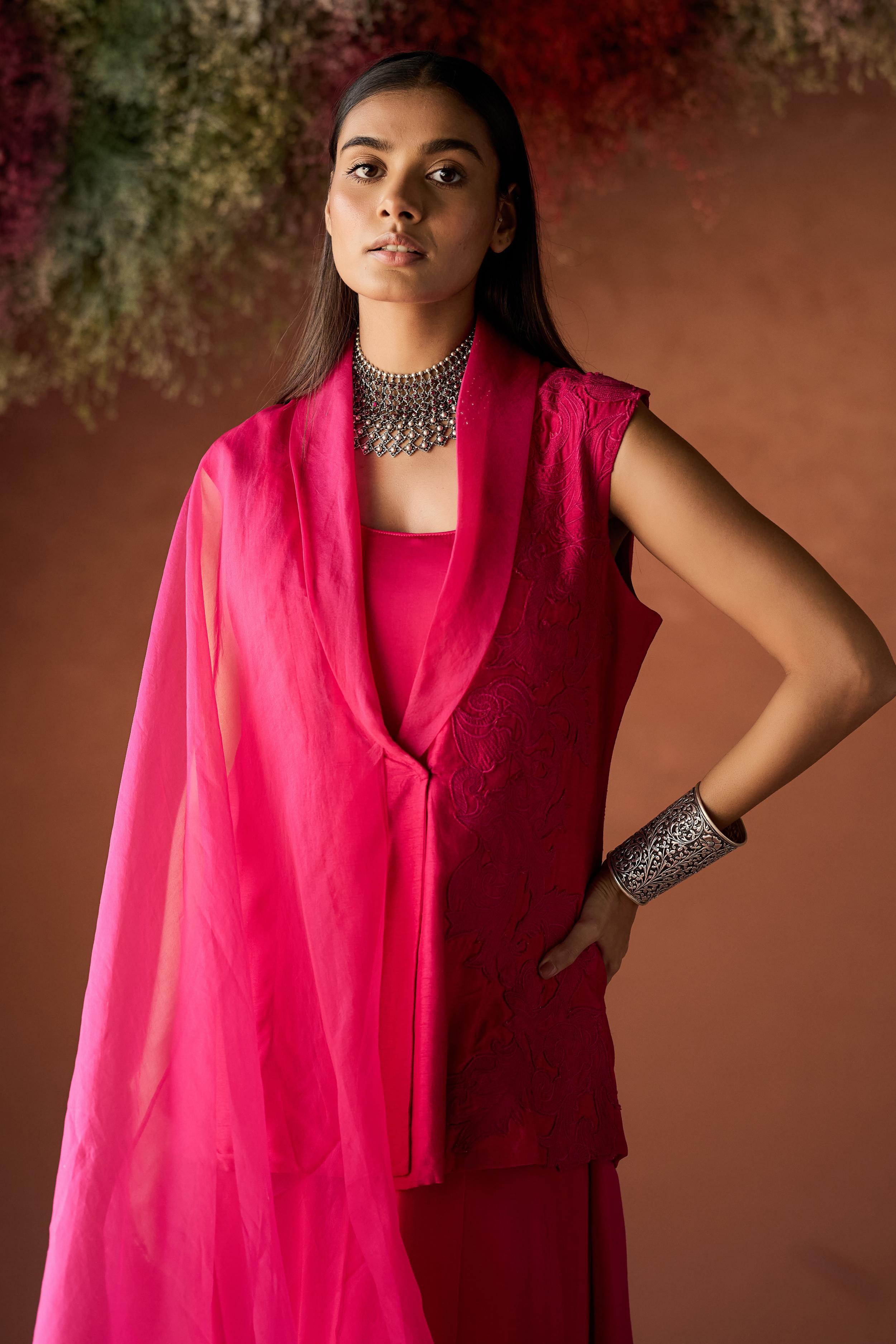 Fuchsia Pink Embroidered Raw Silk Jacket Dress