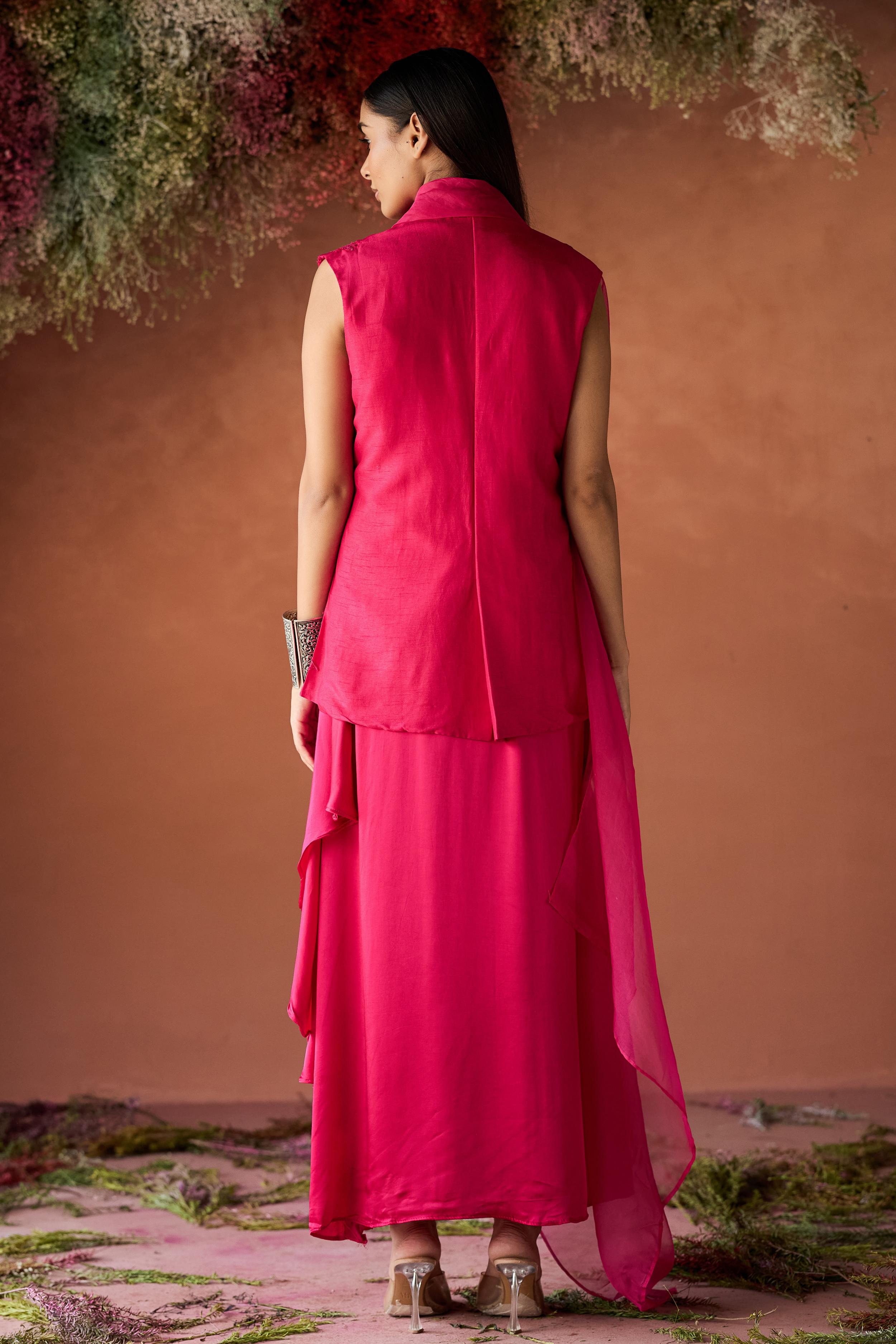 Fuchsia Pink Embroidered Raw Silk Jacket Dress