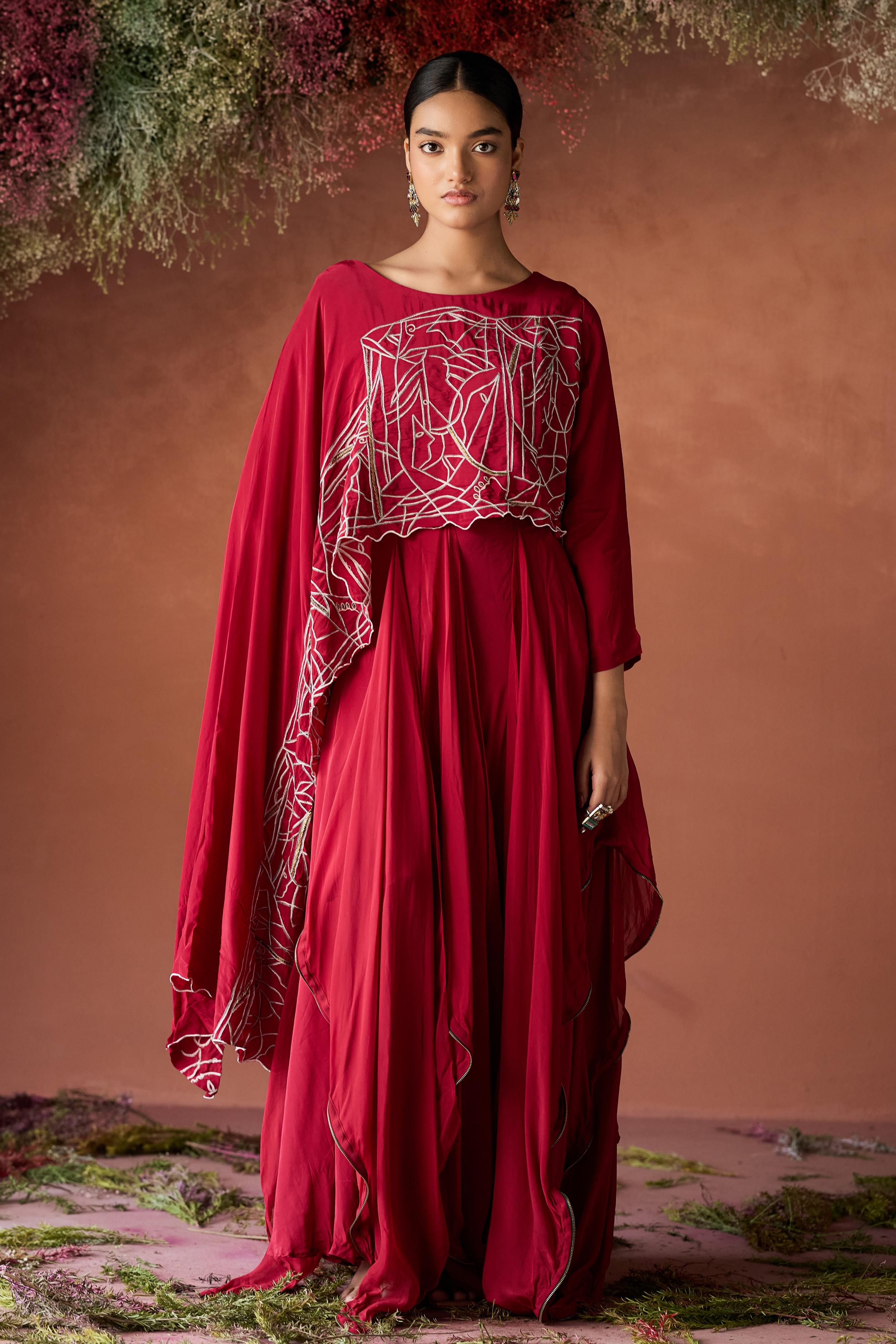 Wine Red Embellished Georgette Silk Skirt Set