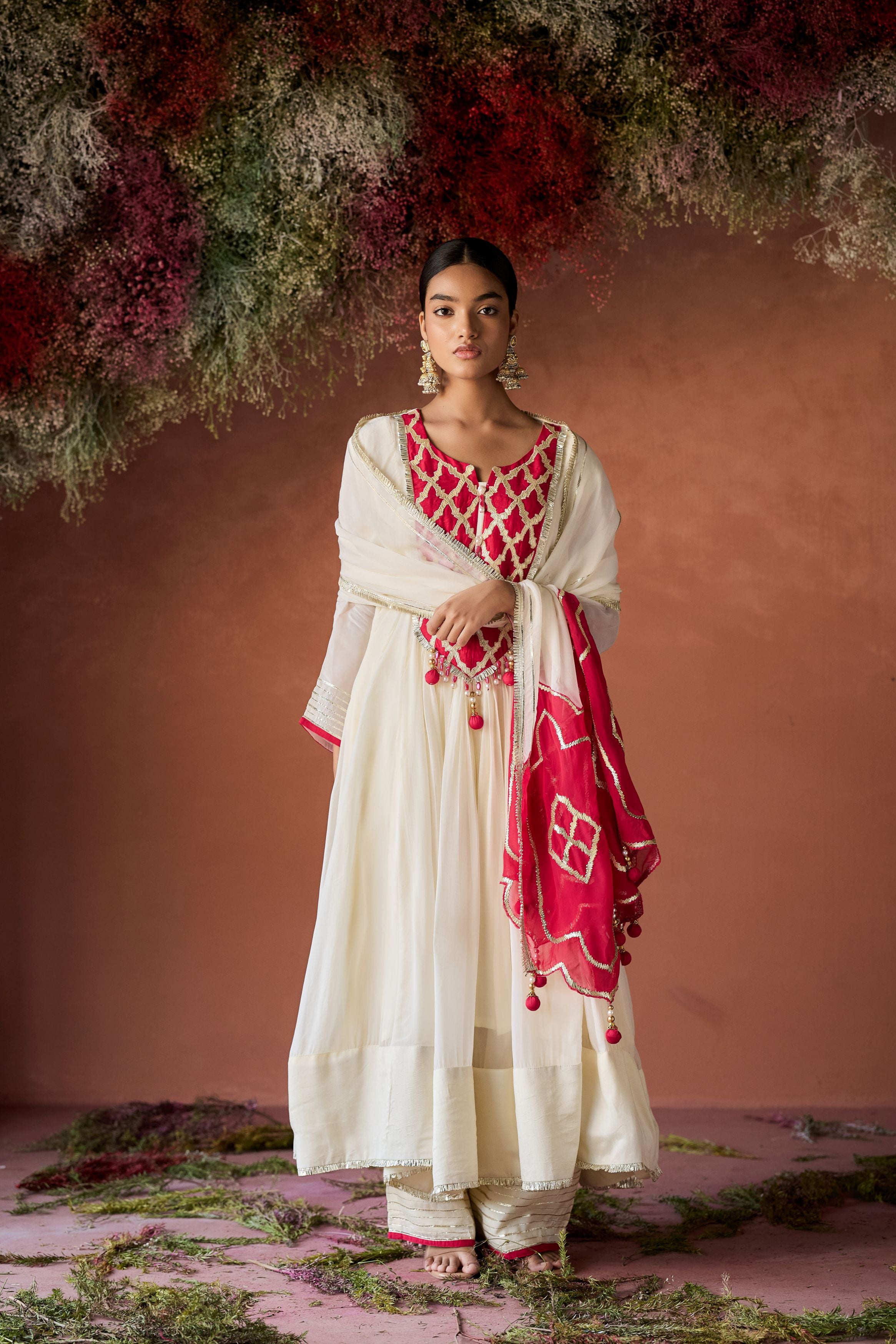 Off White Raw Silk Anarkali Set