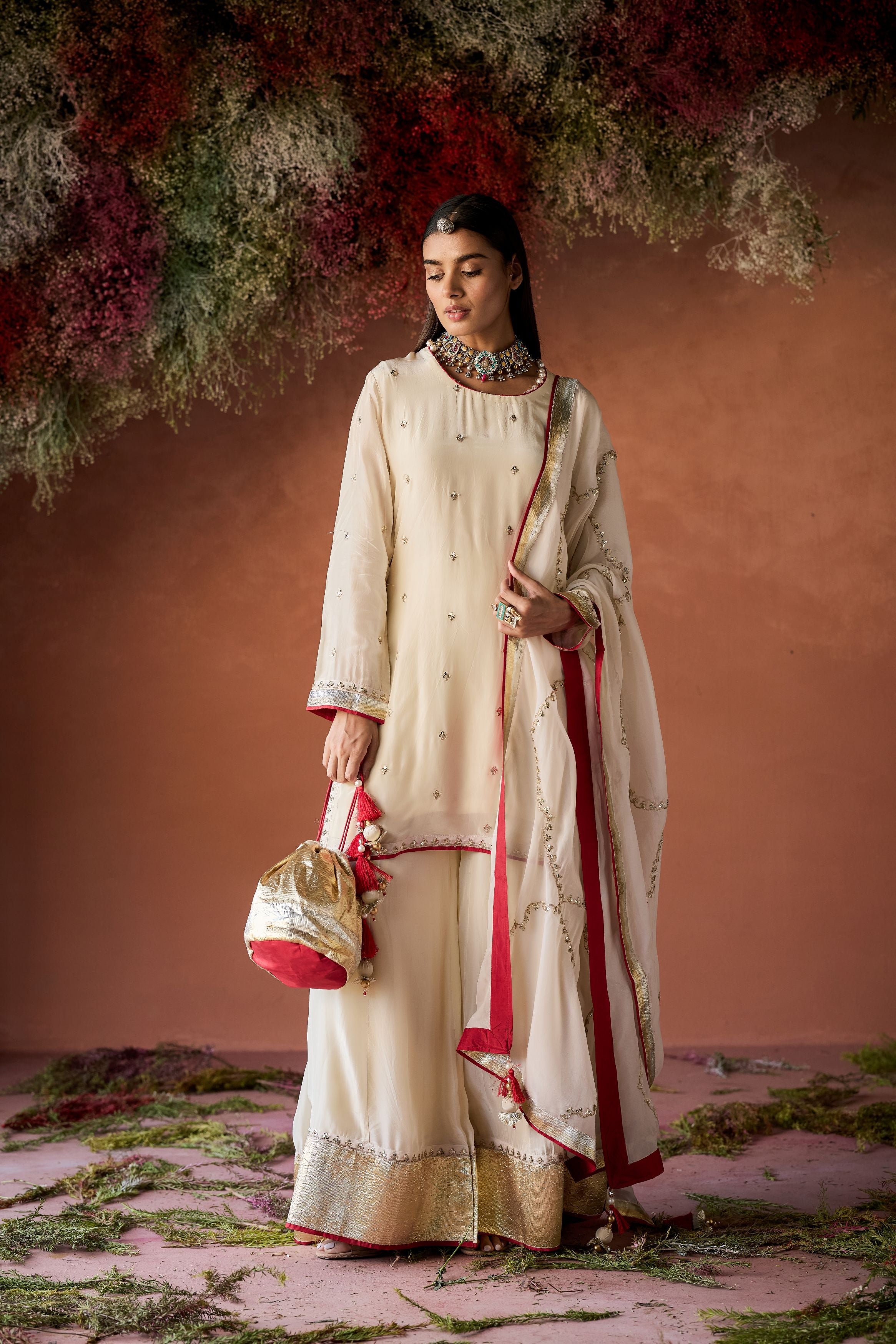 Pastel Cream Embellished Premium Silk Palazzo Set