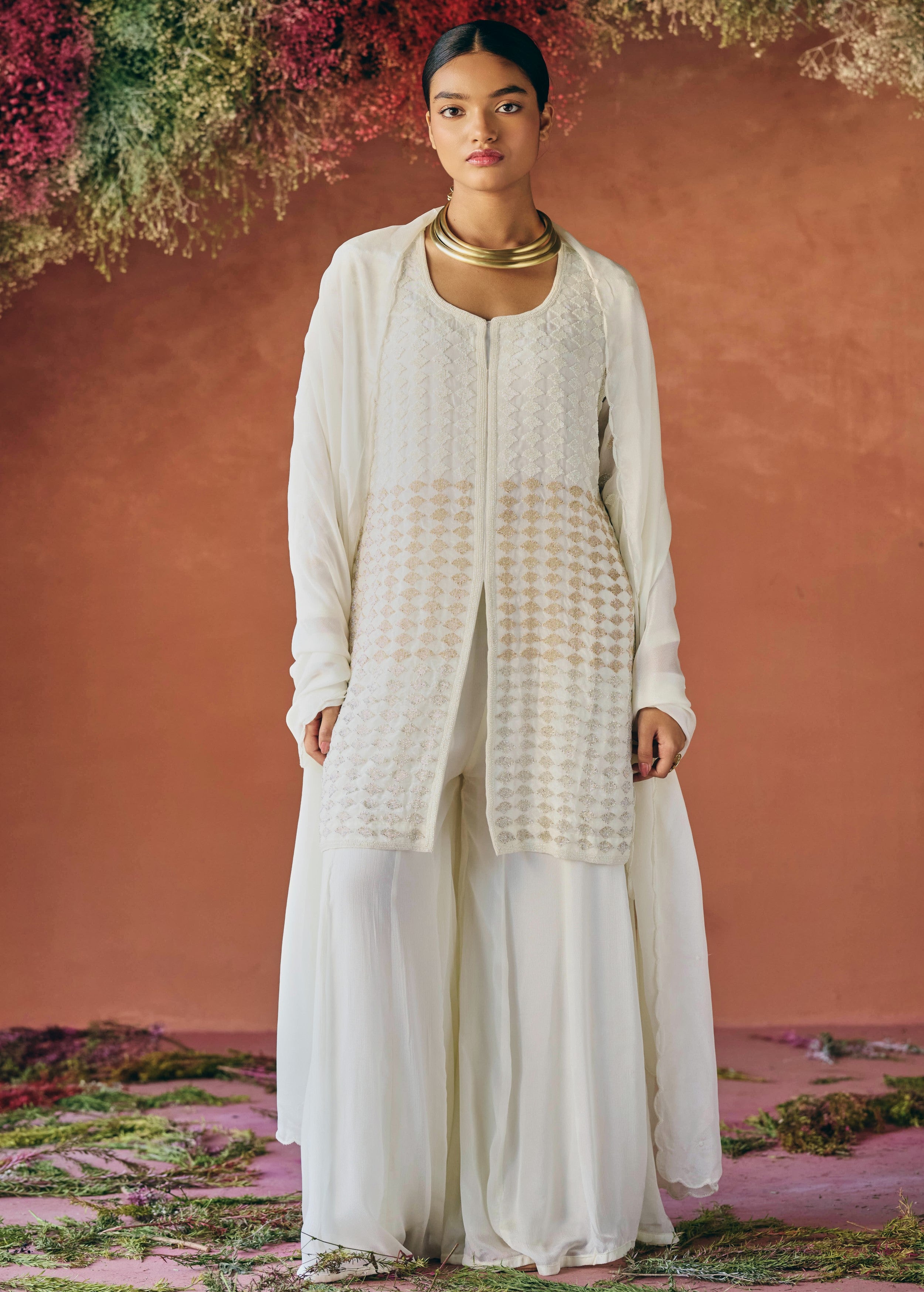 Ivory white Embellished Chinon Silk Palazzo Set