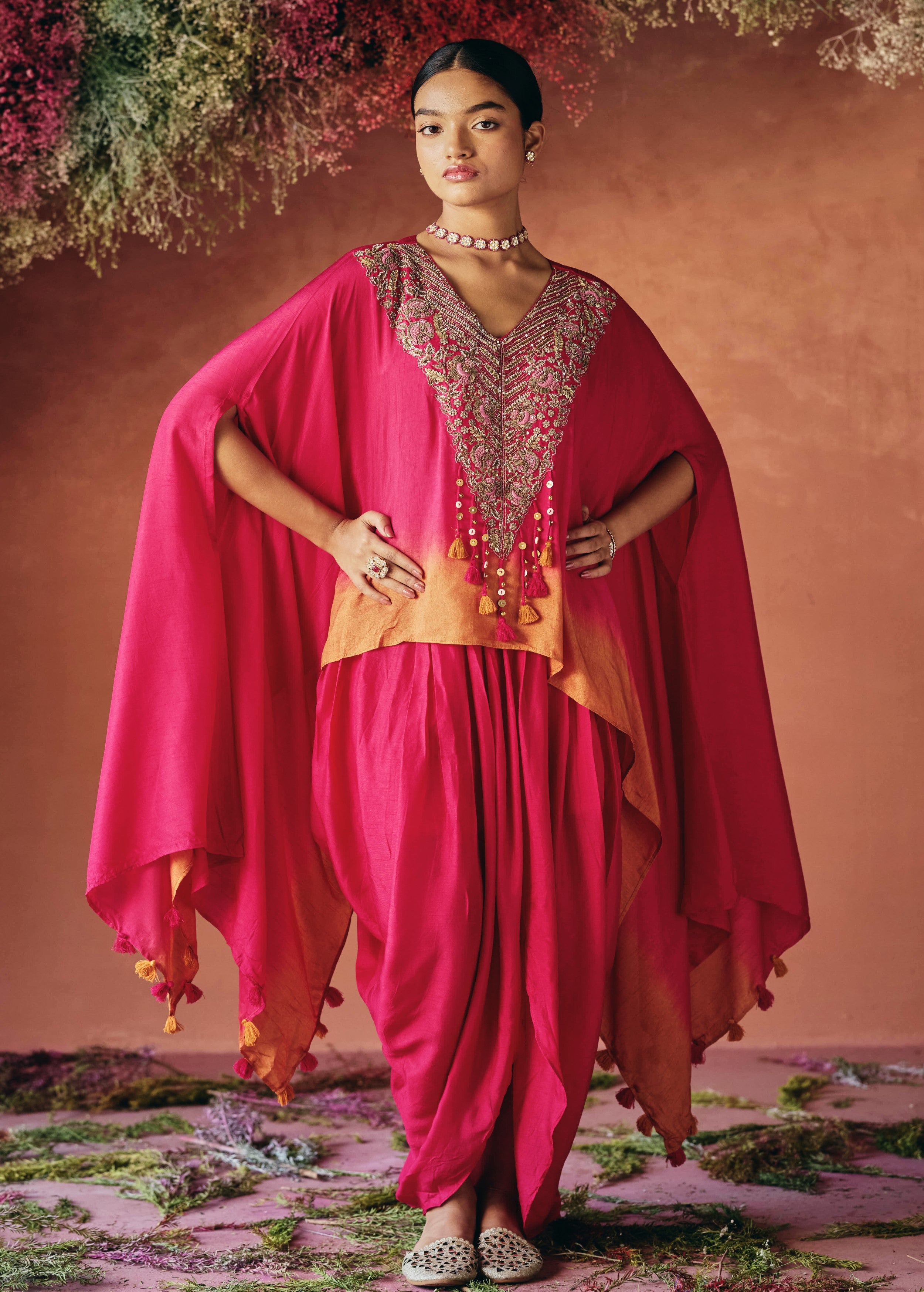 Red Embellished Raw Silk Kaftan Set