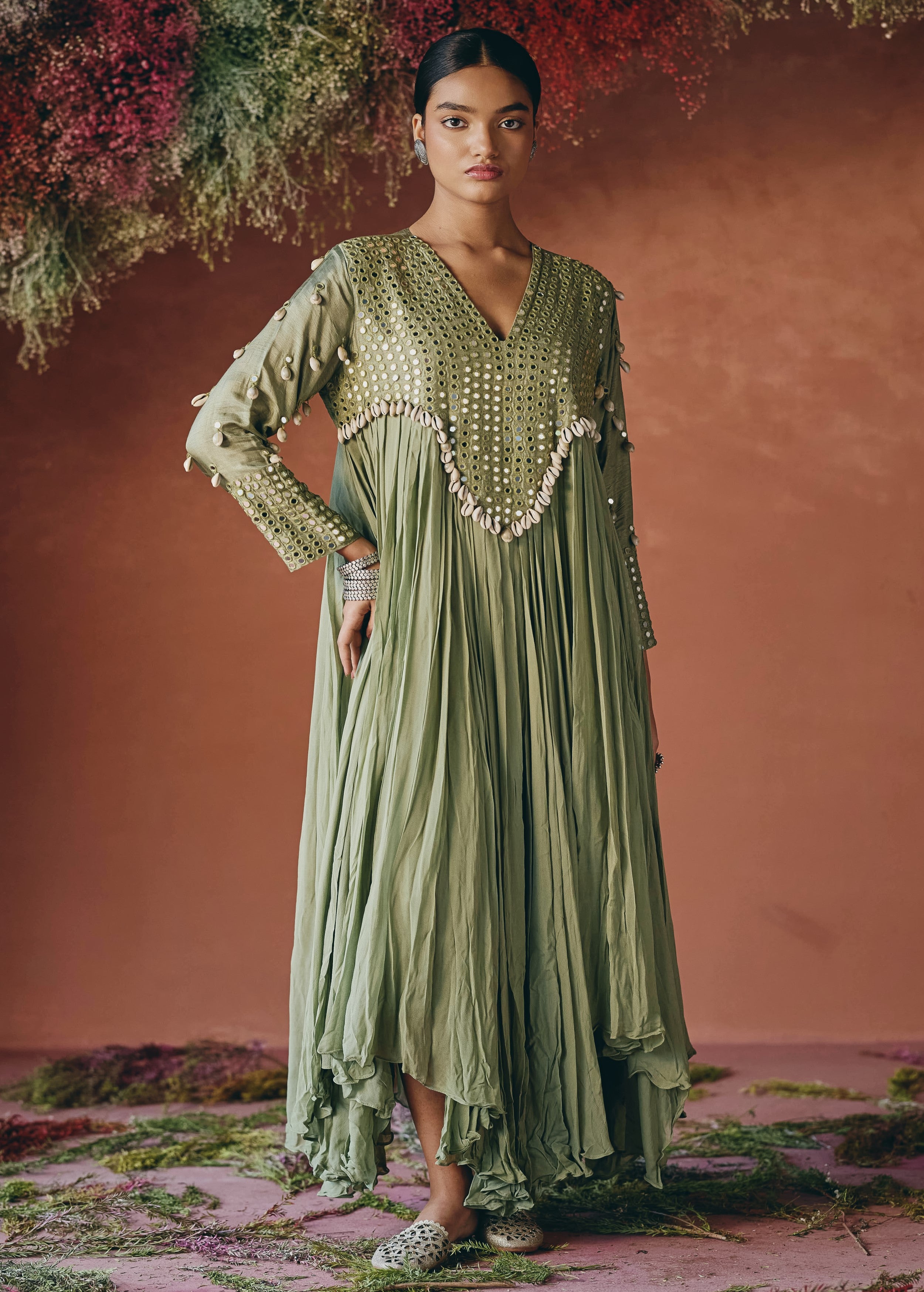 Sage Green Embellished Georgette Silk Gown