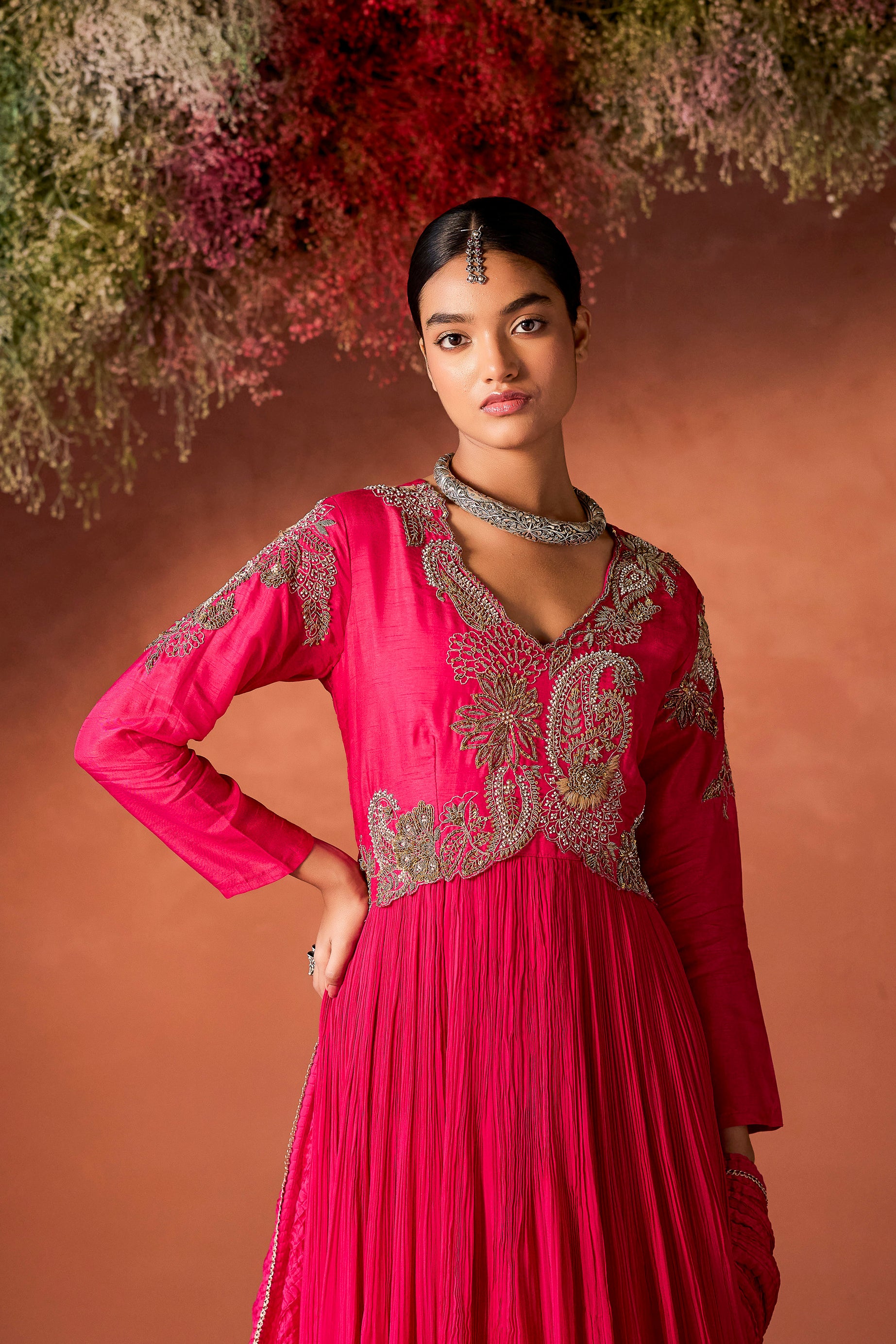 Rani Pink Embellished Georgette Silk Anarkali Set