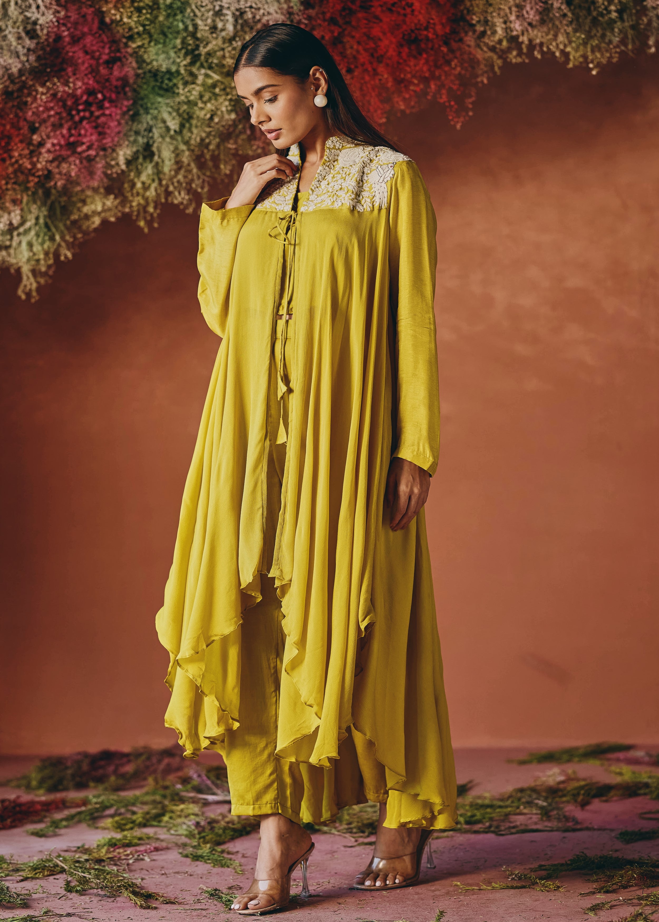 Marigold Mustard Embroidered Chinon Silk Co-Ord Set