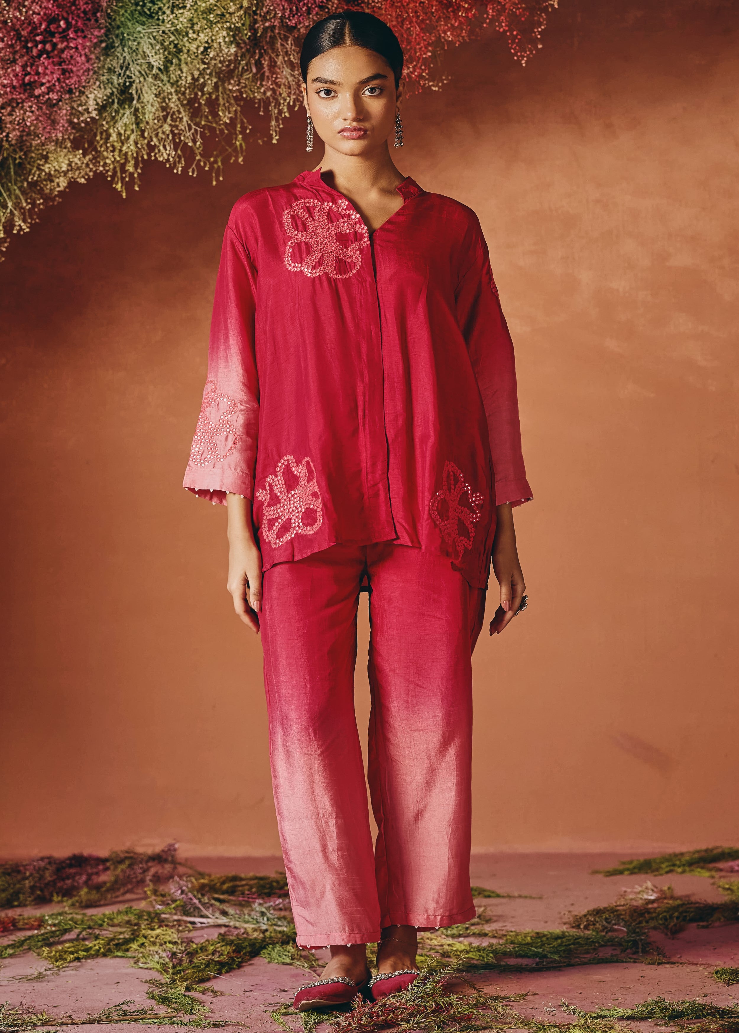 Berry Bloom Embellished Raw Silk Co-Ord Set