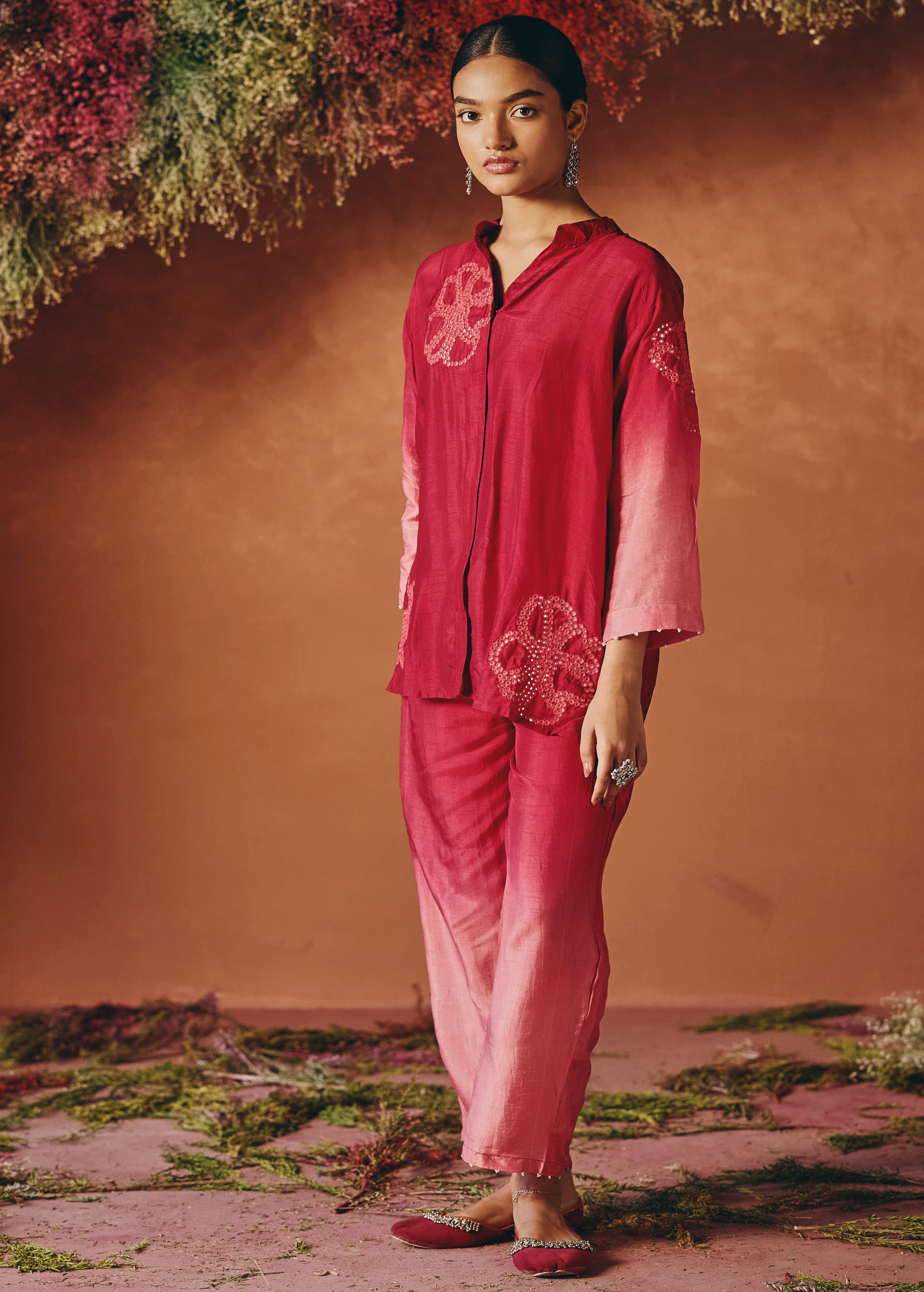 Berry Bloom Embellished Raw Silk Co-Ord Set