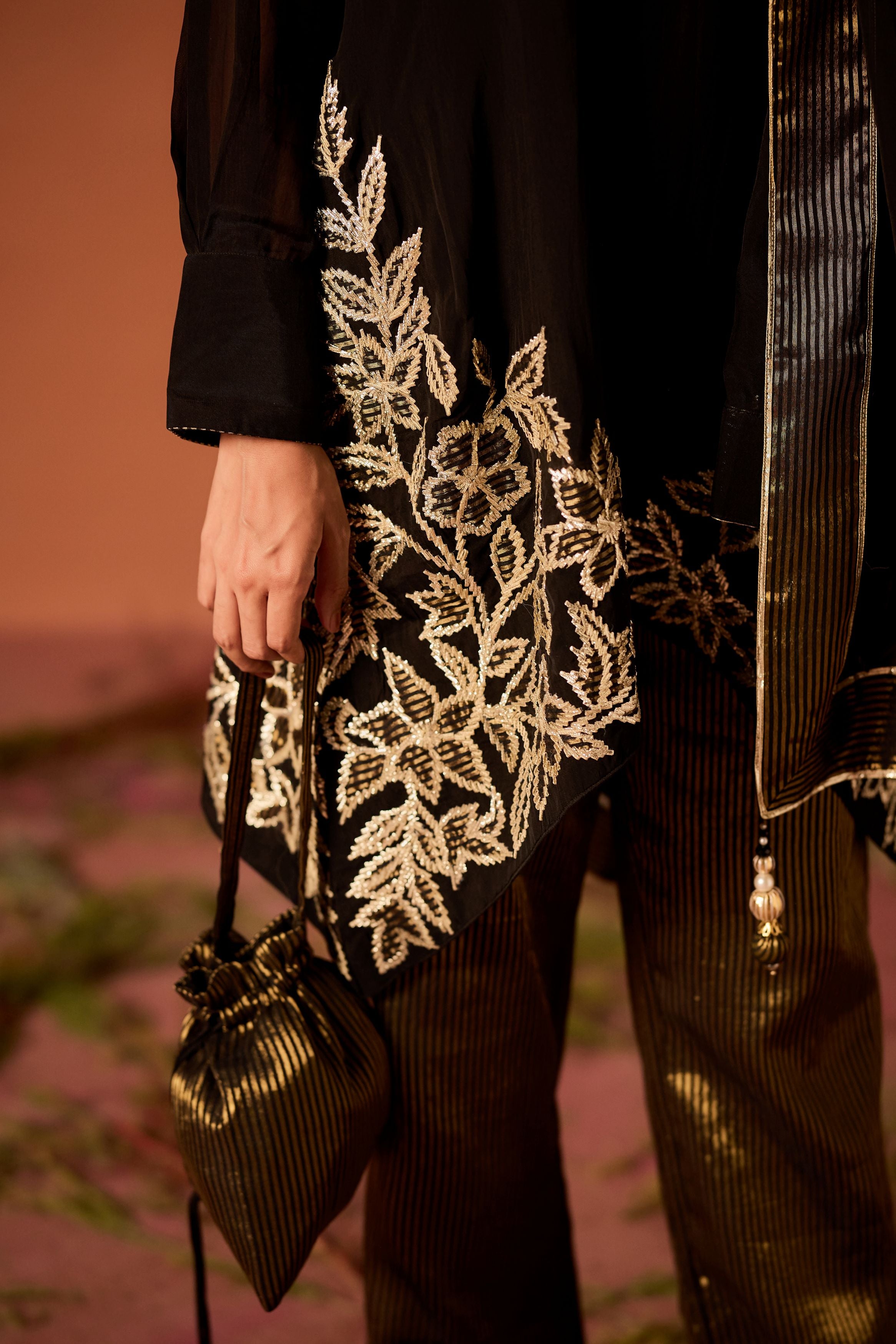 Black Embellished Shimmer Organza Palazzo Set