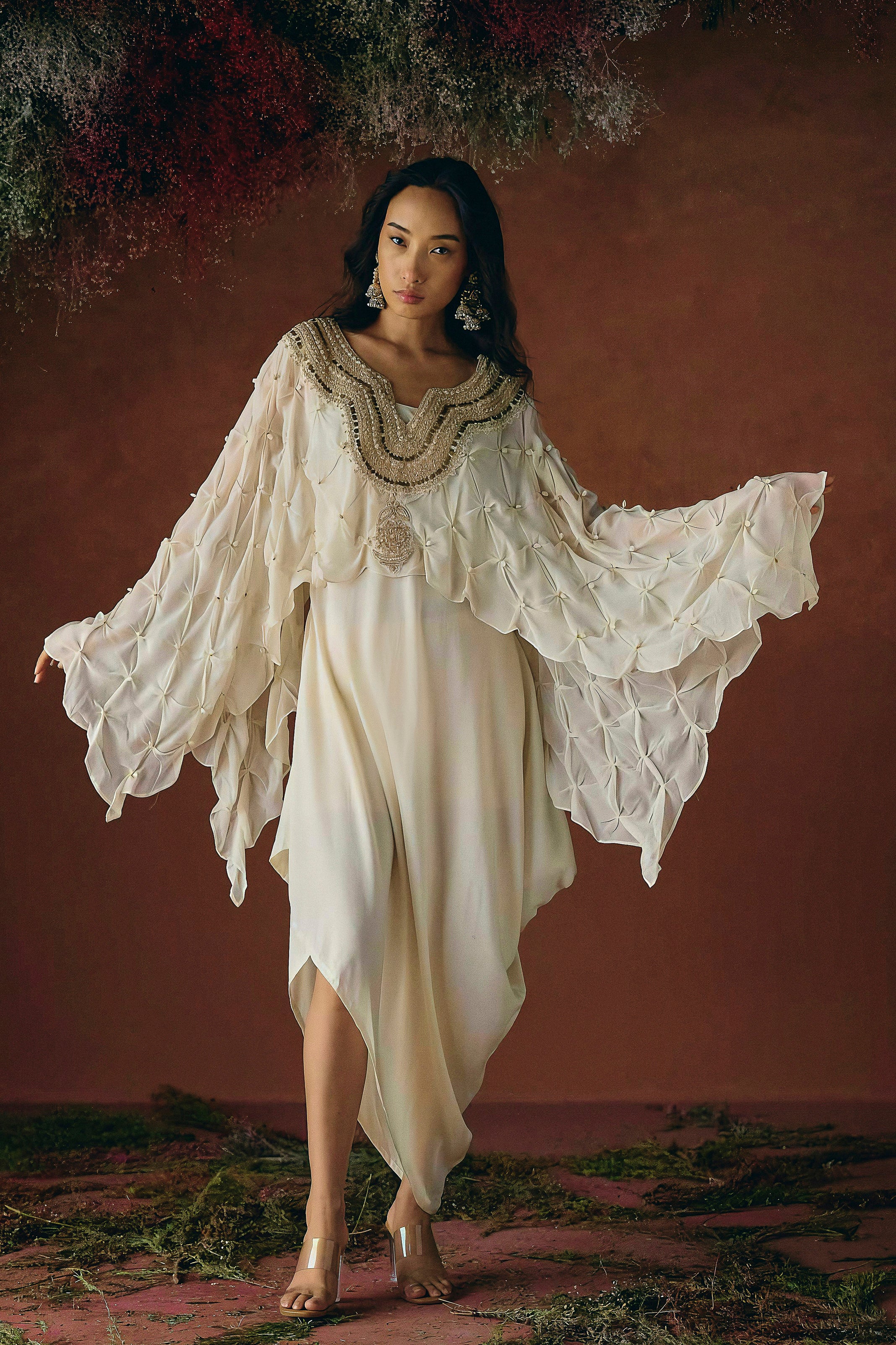 Warm Ivory Embellished Georgette Silk Dress