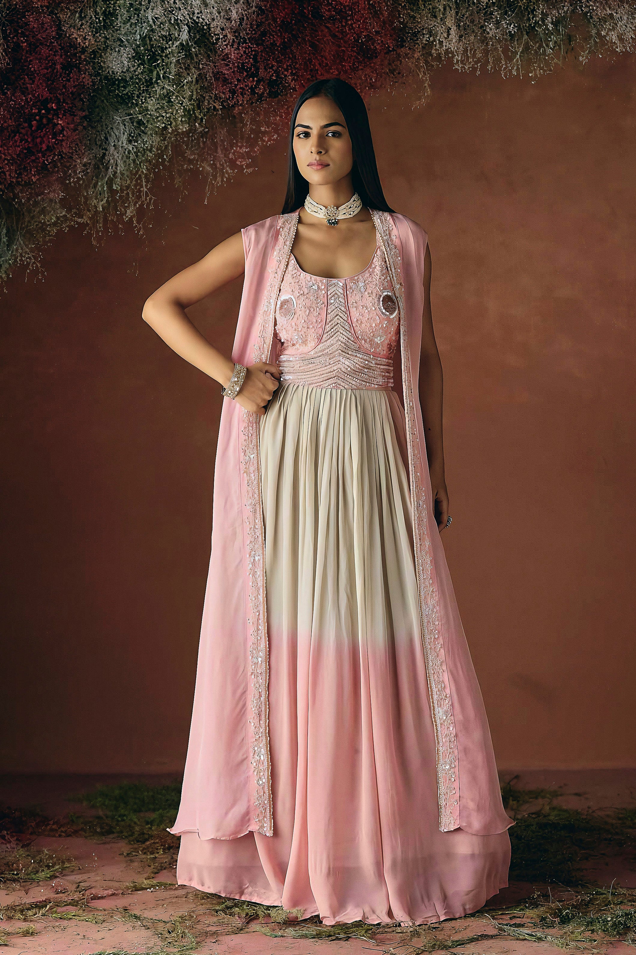 Soft Pink Embellished Georgette Silk Skirt Set