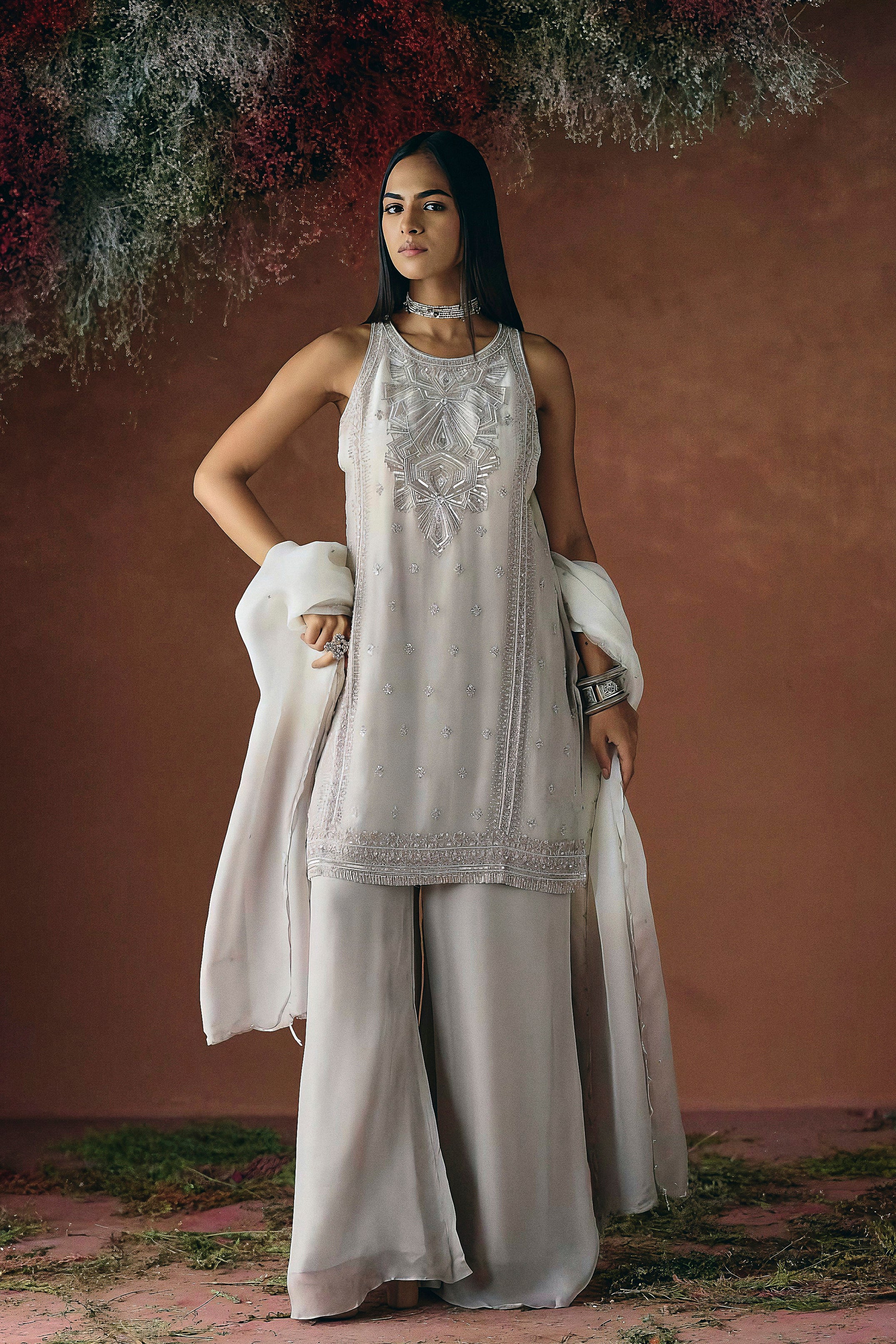 Pearl Ivory Embellished Soft Organza Palazzo Set