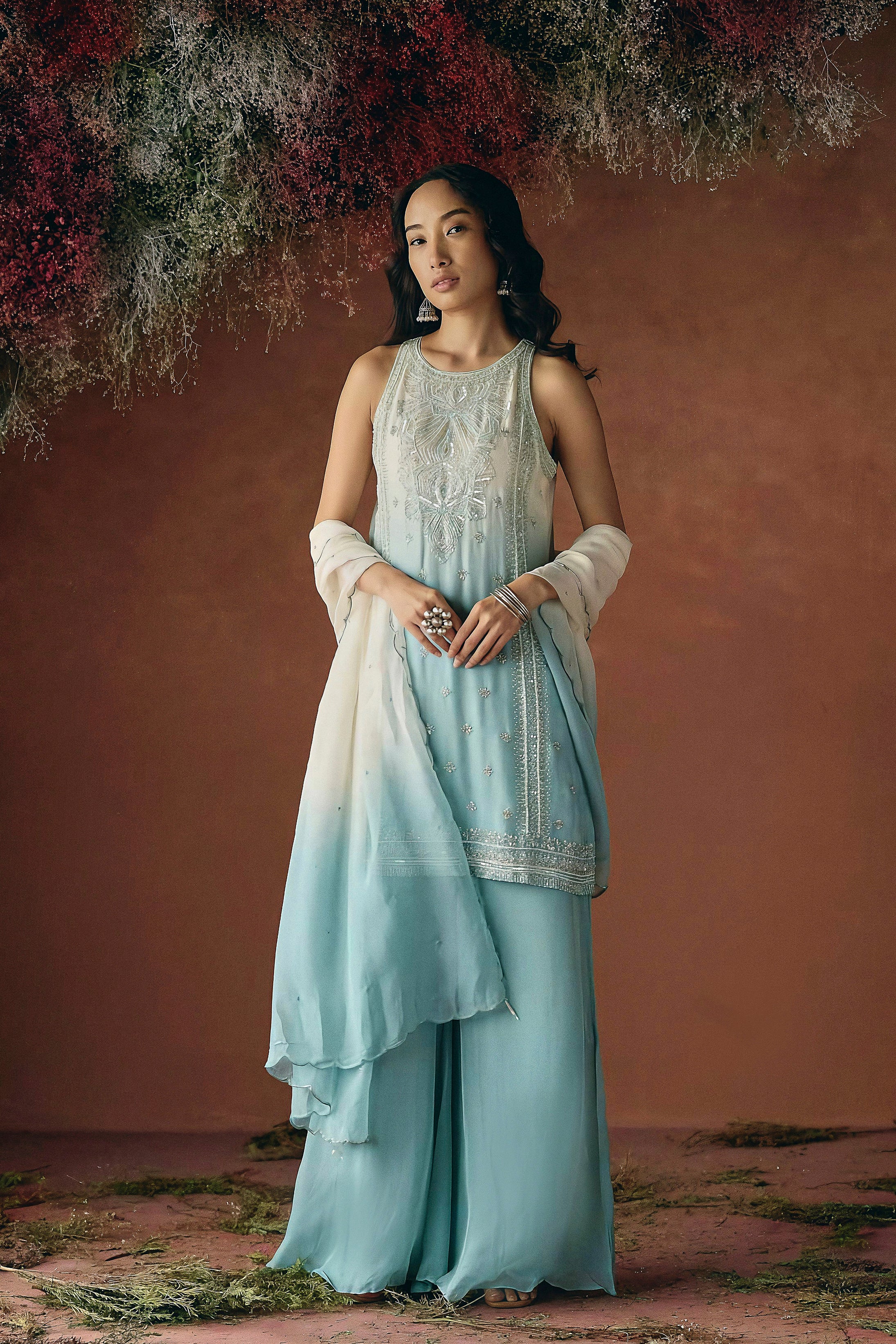 Sky Blue Embellished Soft Organza Palazzo Set