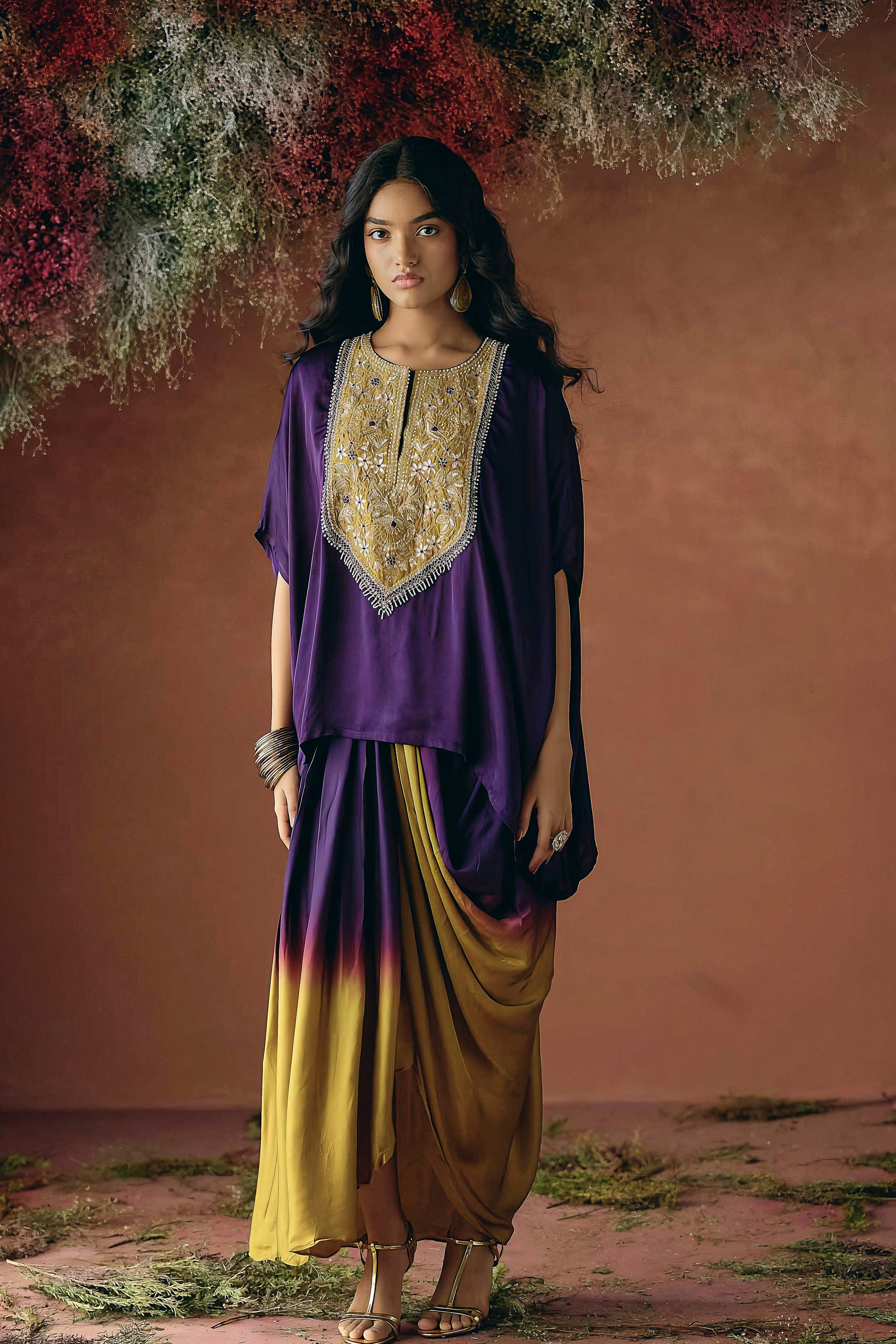 Deep Royal Purple Embellished Satin Silk Kaftan Set