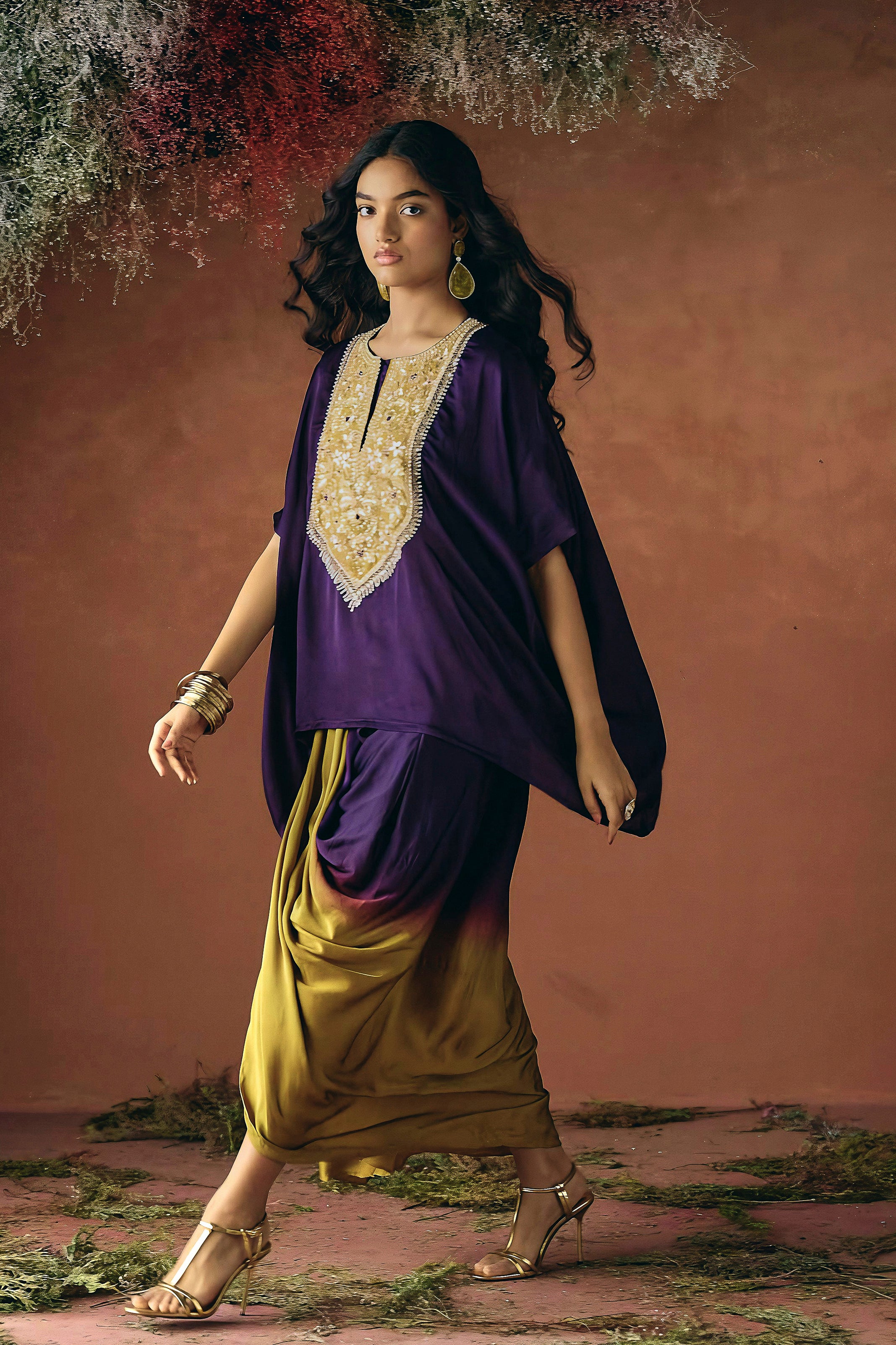 Deep Royal Purple Embellished Satin Silk Kaftan Set