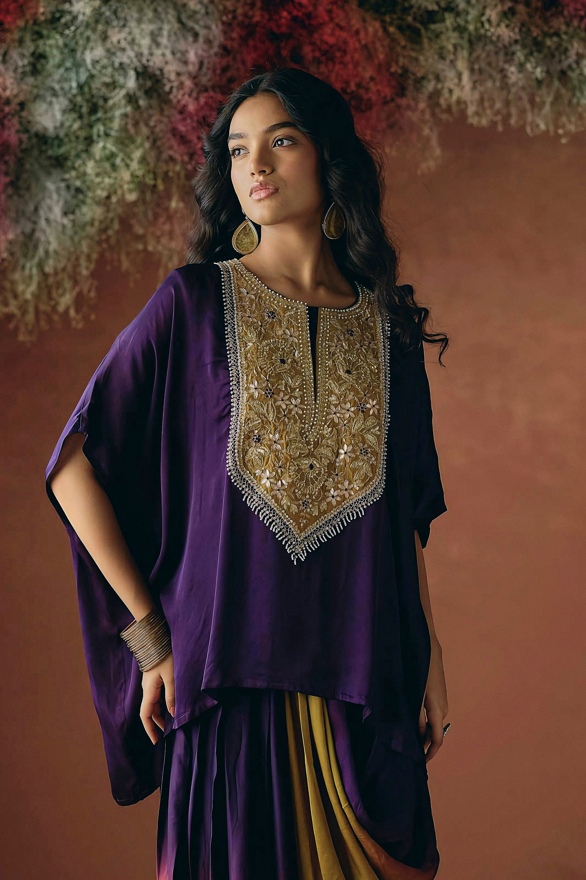Deep Royal Purple Embellished Satin Silk Kaftan Set