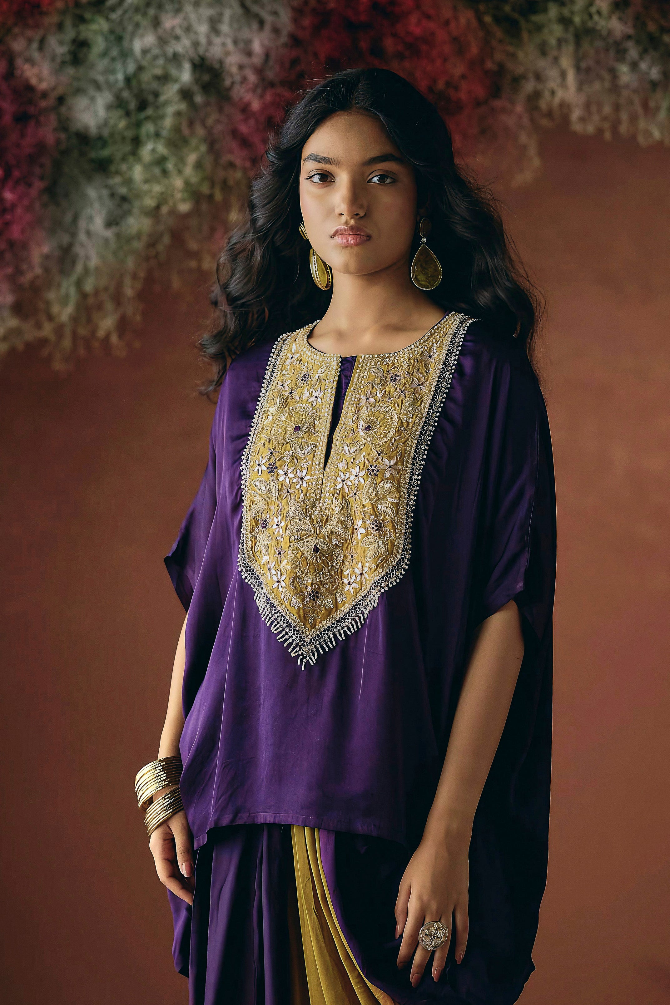 Deep Royal Purple Embellished Satin Silk Kaftan Set