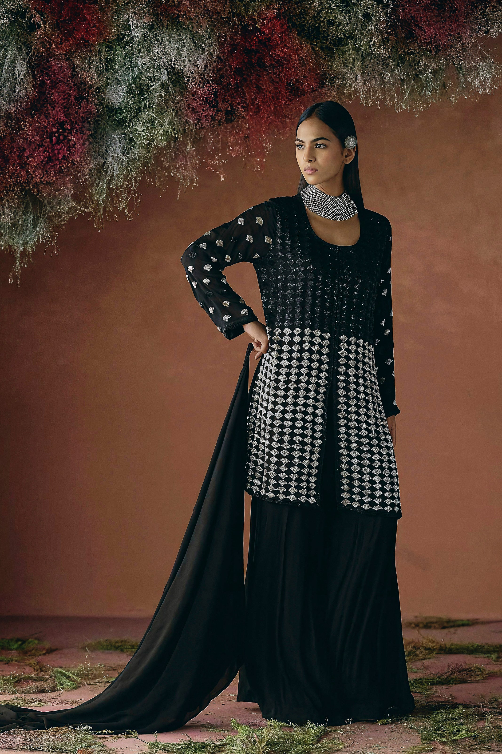 Classic Black Embellished Chinon Silk Palazzo Set