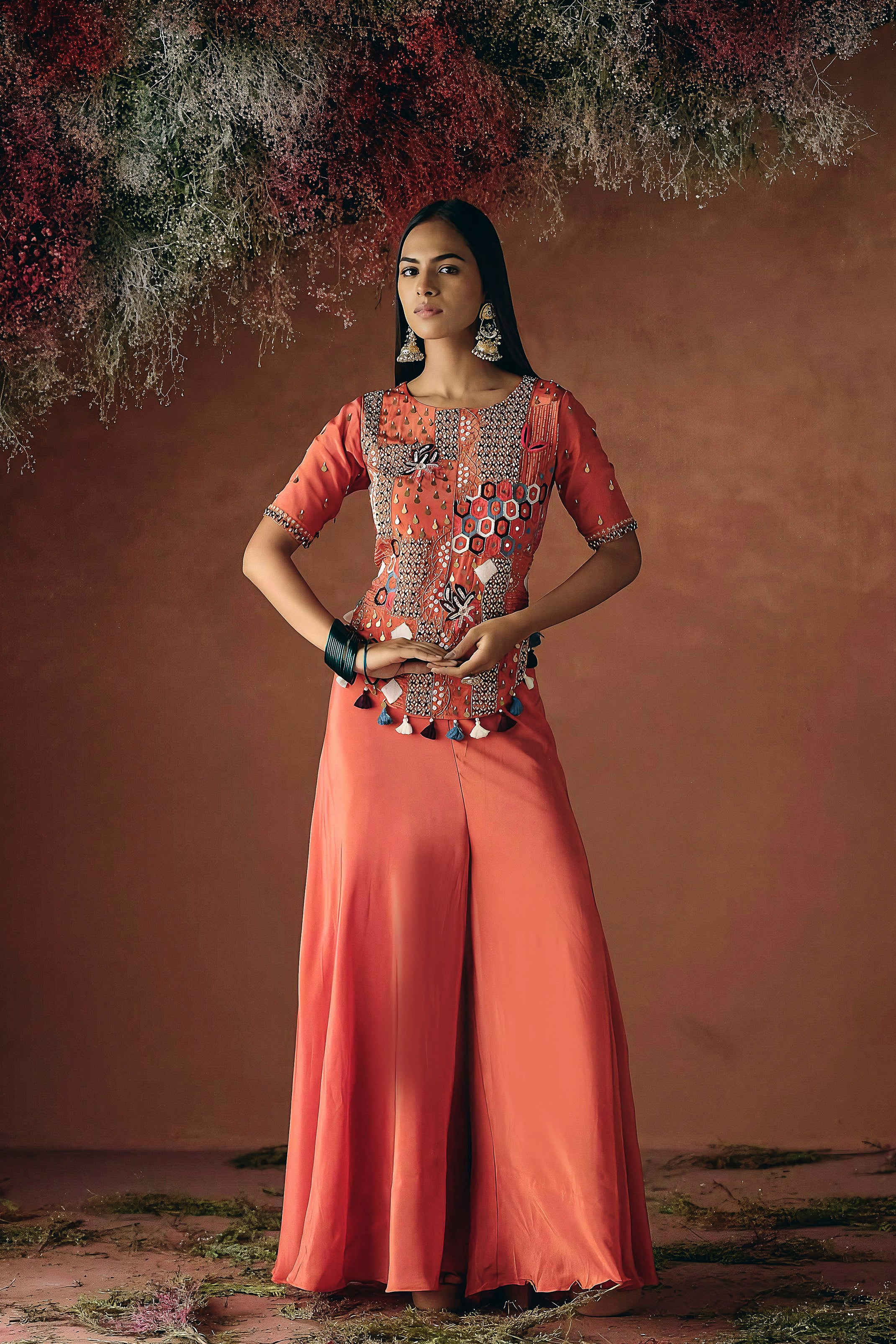Spiced Orange Embellished Premium Silk Palazzo Set