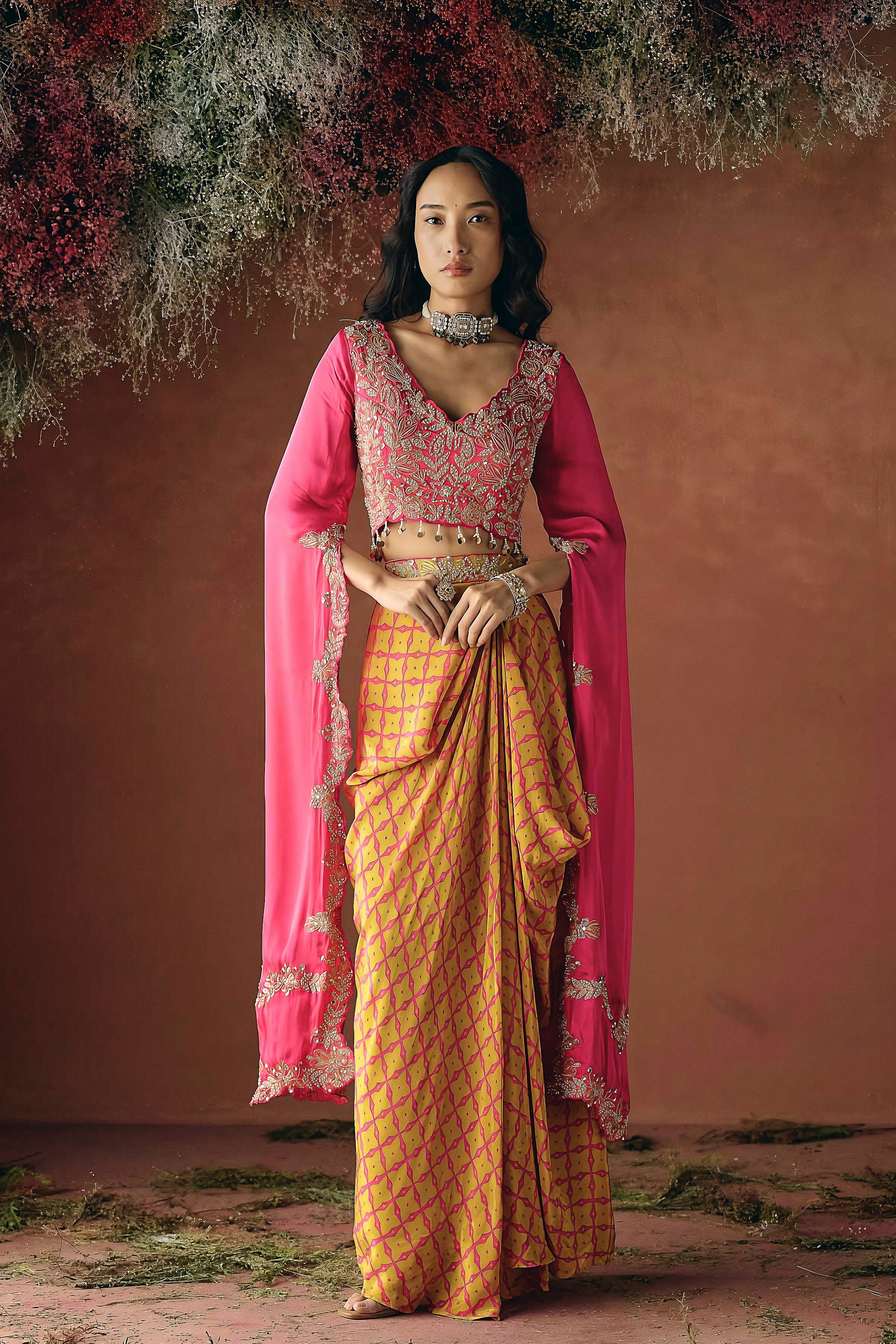 Rani Pink Embellished Satin Silk Skirt Set
