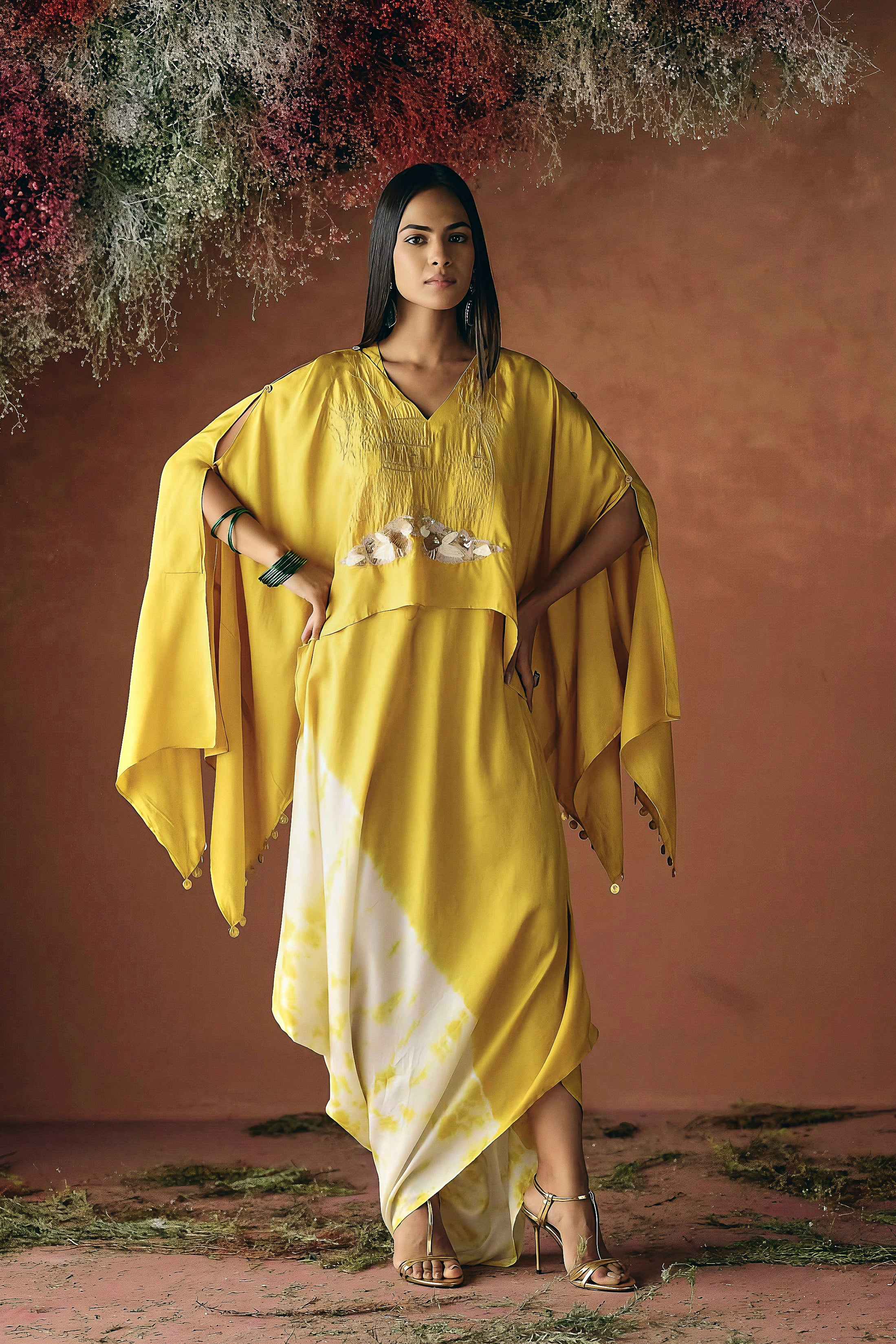 Yellow Embellished Raw Silk Cape Set