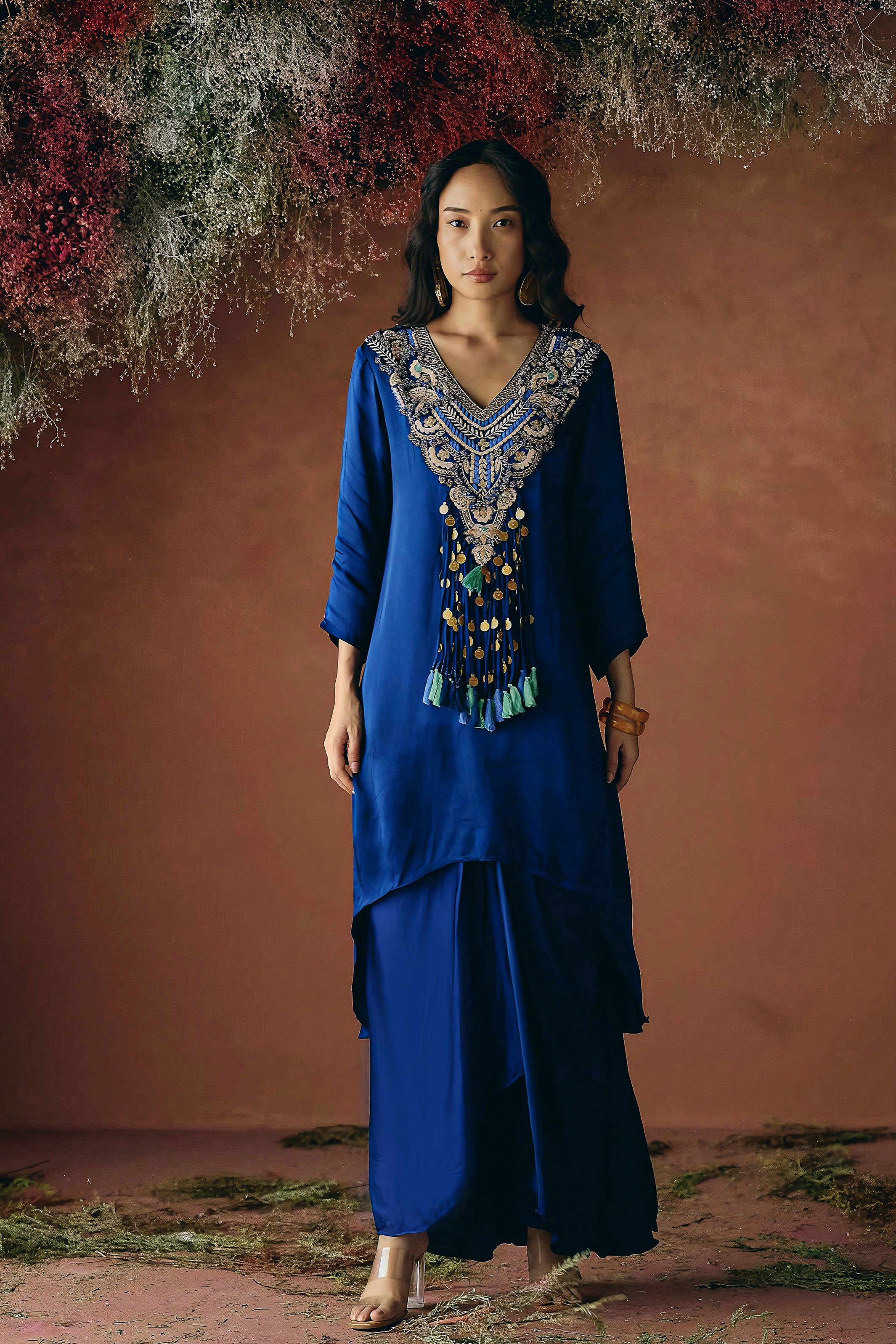 Sapphire Blue Embellished Satin Silk Skirt Set