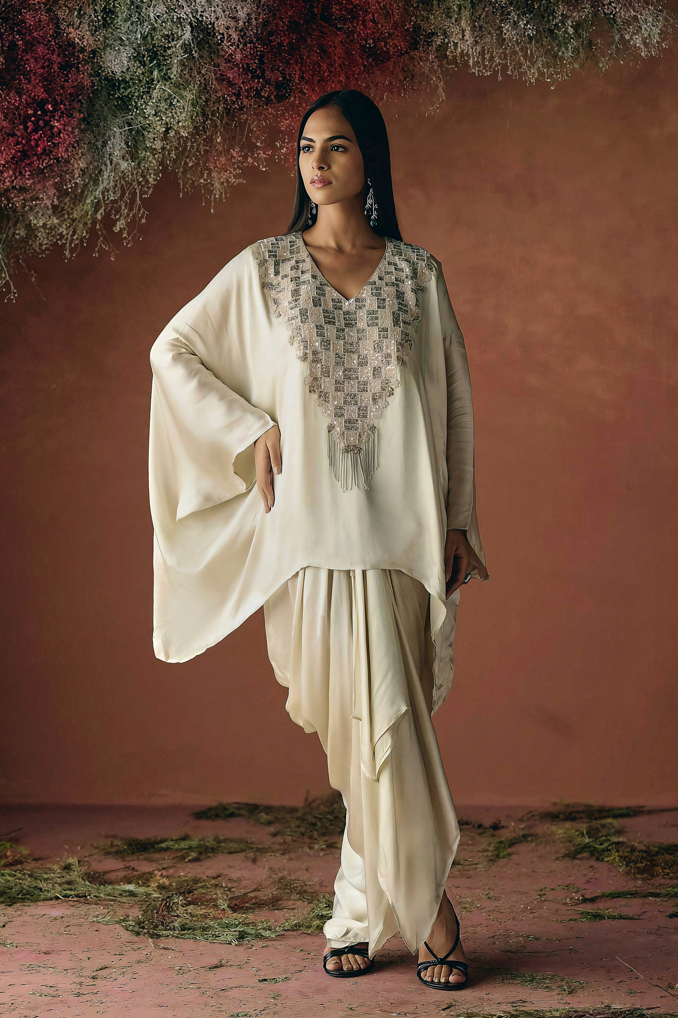 Ivory Cream Embellished Satin Silk Kaftan Set
