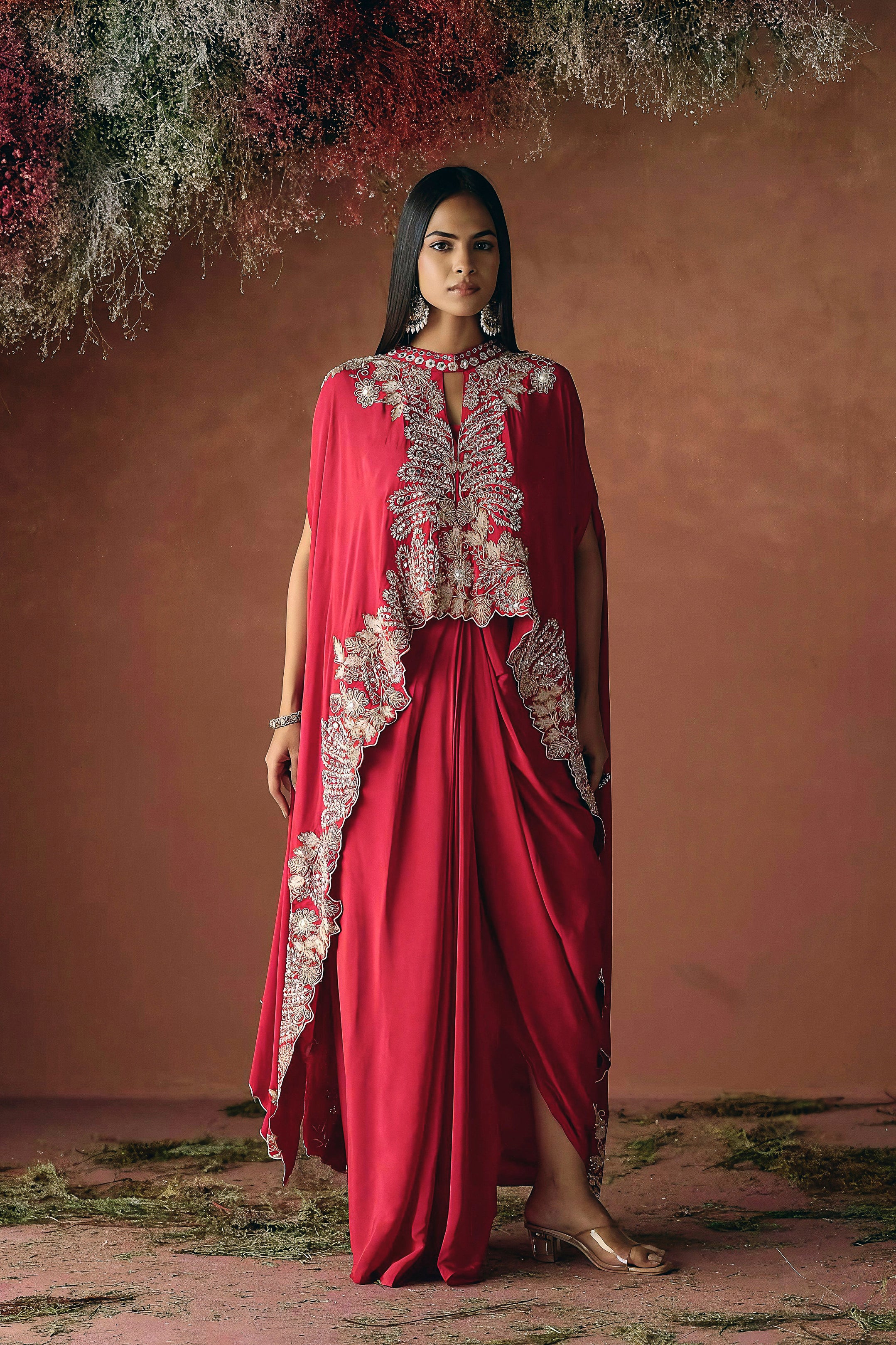 Ruby Red Embellished Premium Silk Skirt Set