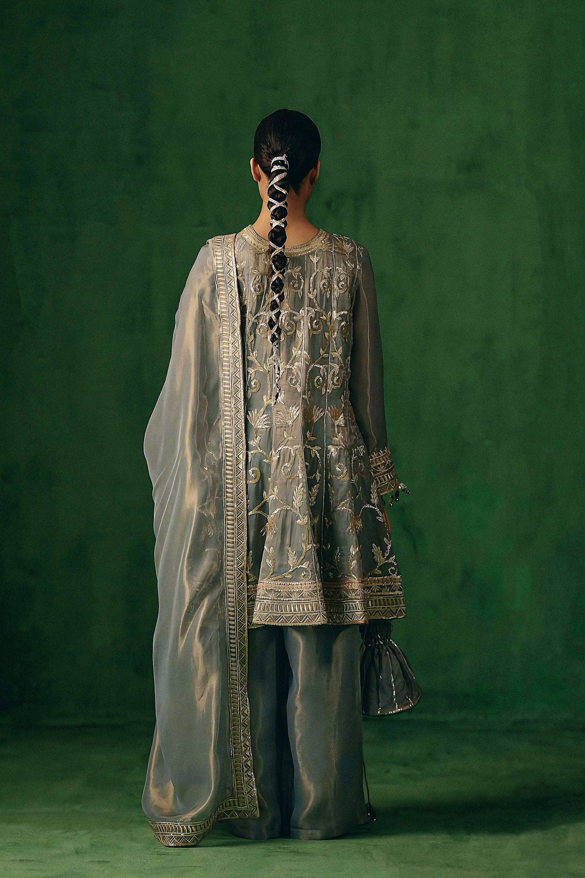 Slate Grey Embellished Shimmer Organza Silk Pant Set