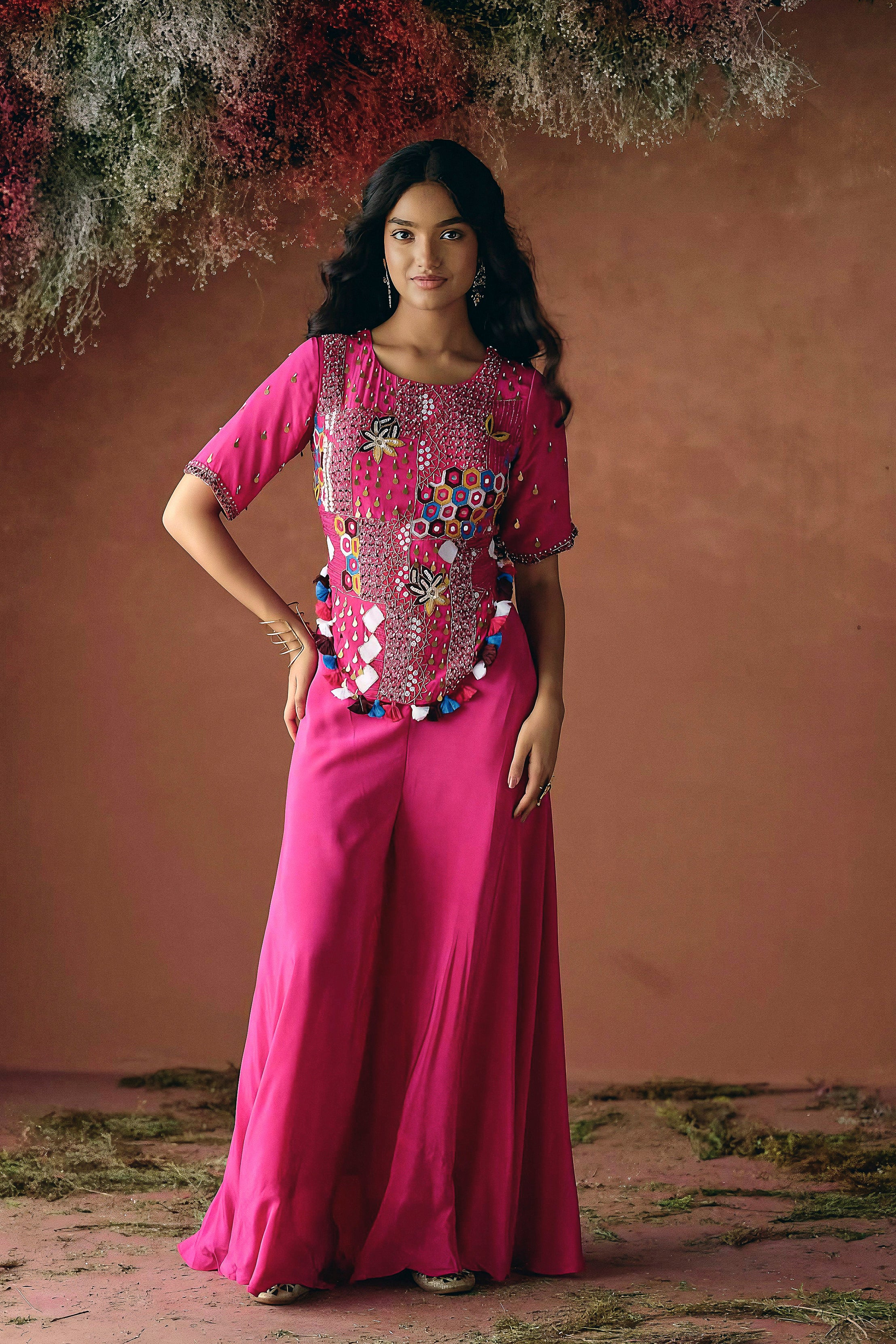 Deep Pink Embellished Premium Silk Palazzo Set