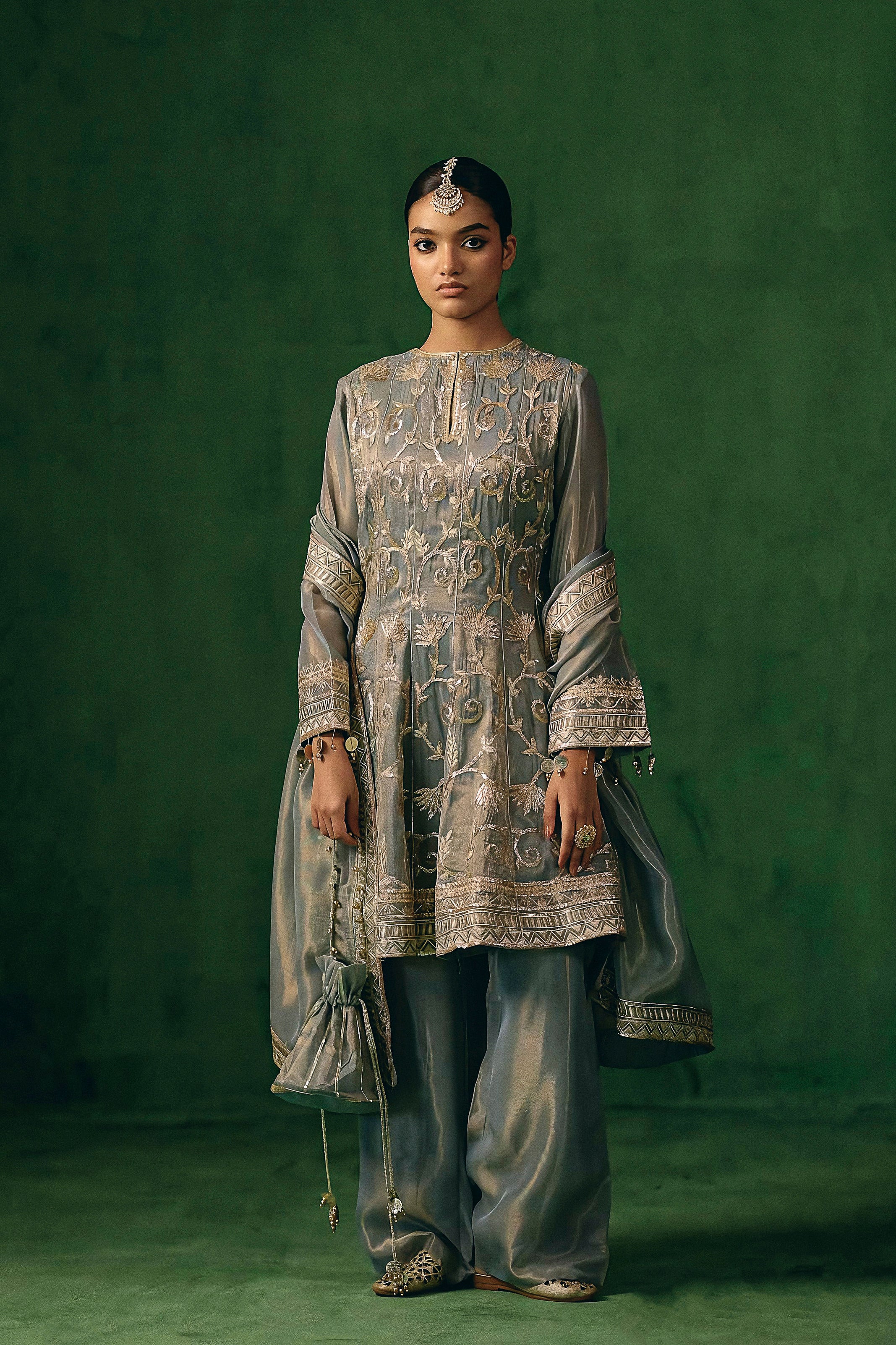 Slate Grey Embellished Shimmer Organza Silk Pant Set