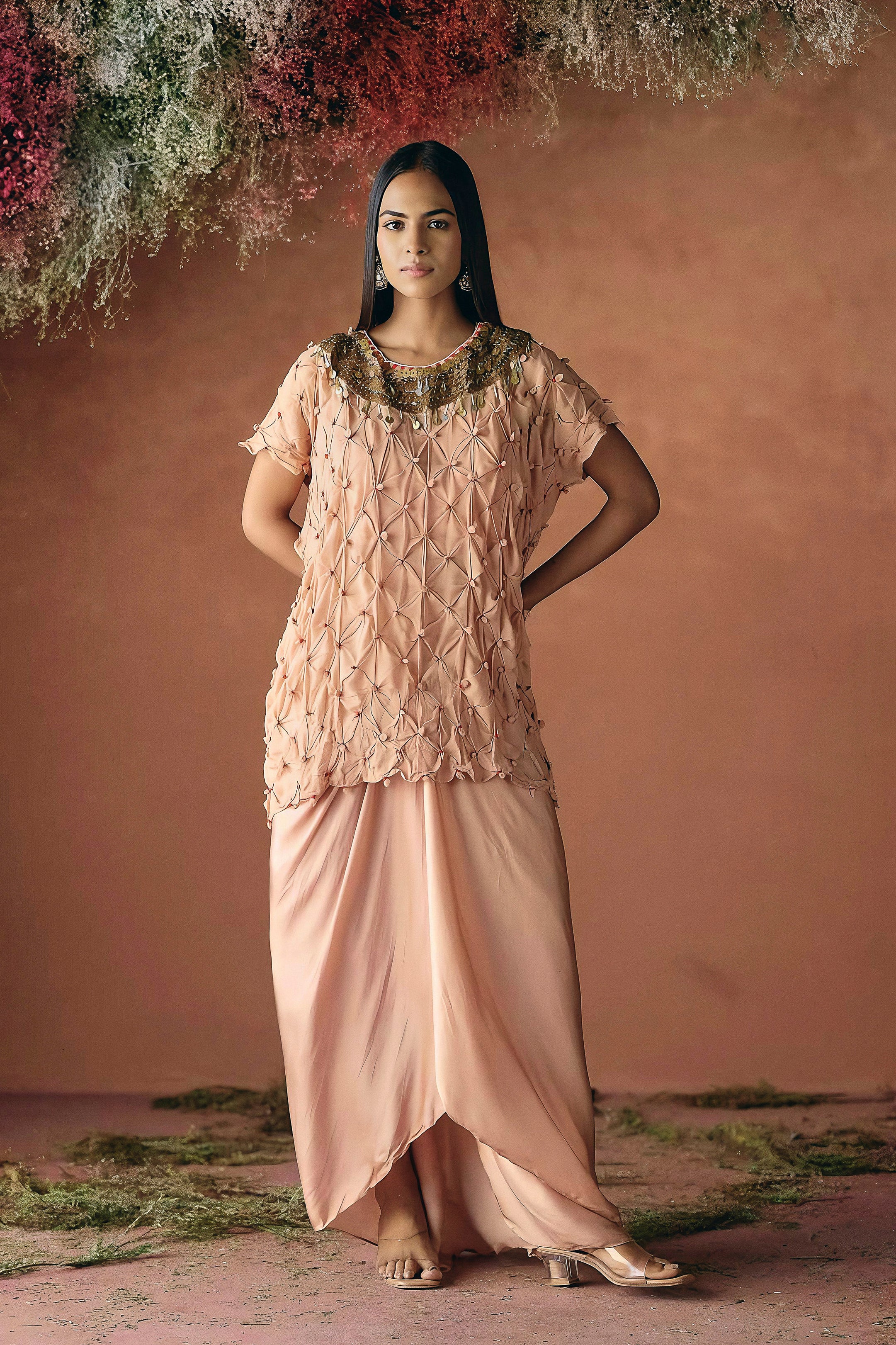 Light Peach Embellished Georgette Silk Skirt Set