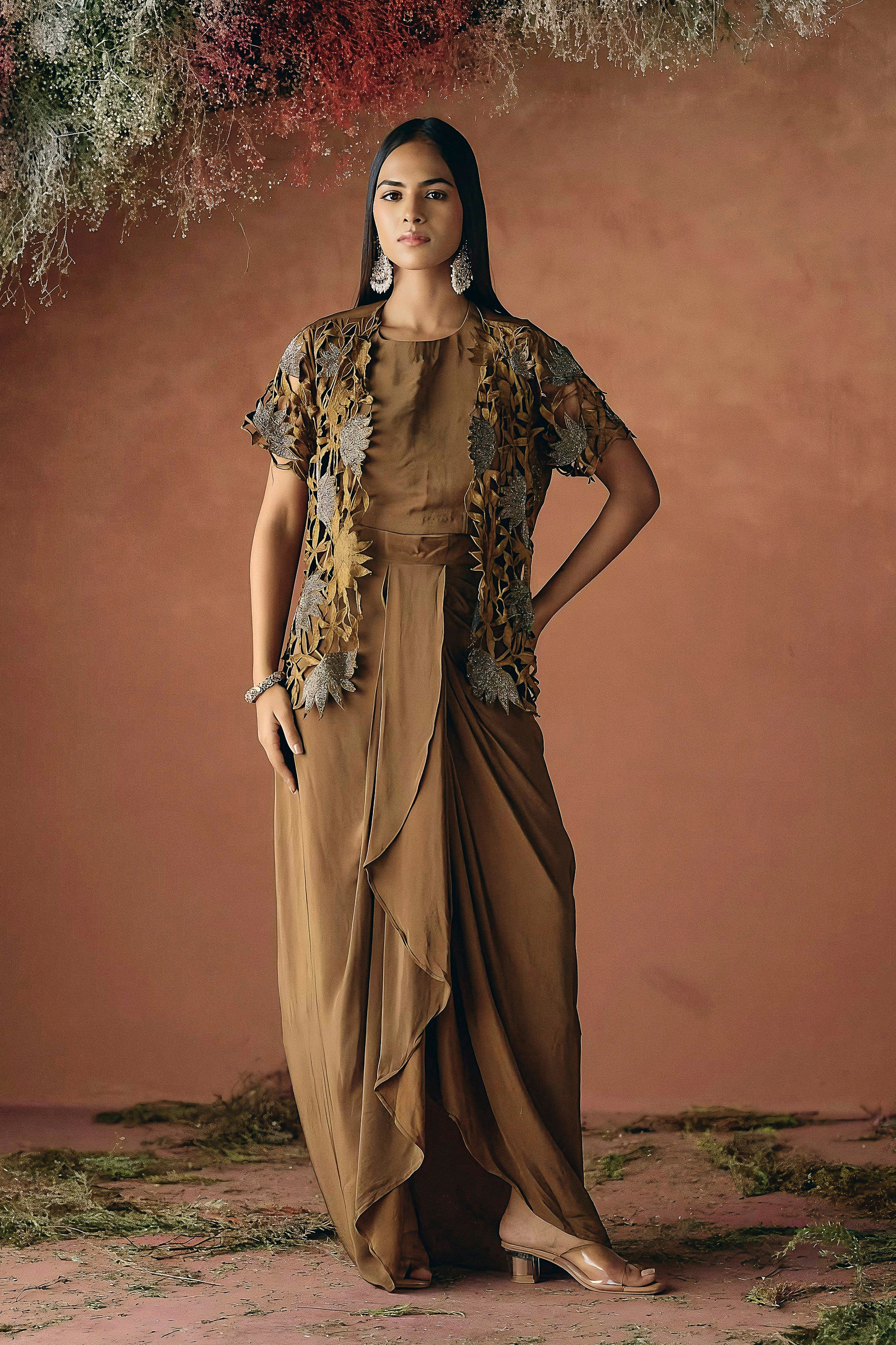 Mocha Brown Embellished Premium Silk Skirt Set
