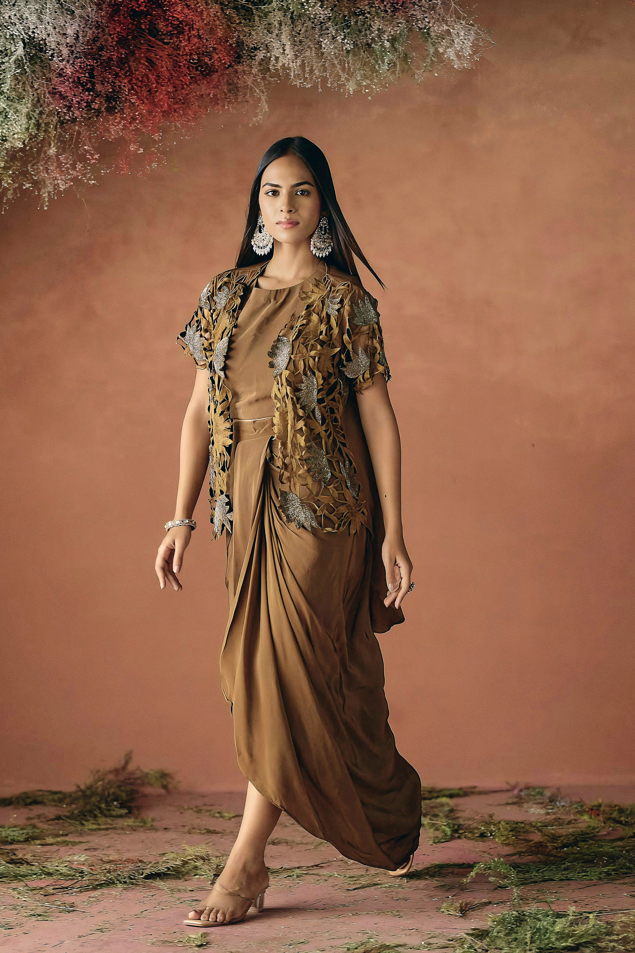 Mocha Brown Embellished Premium Silk Skirt Set