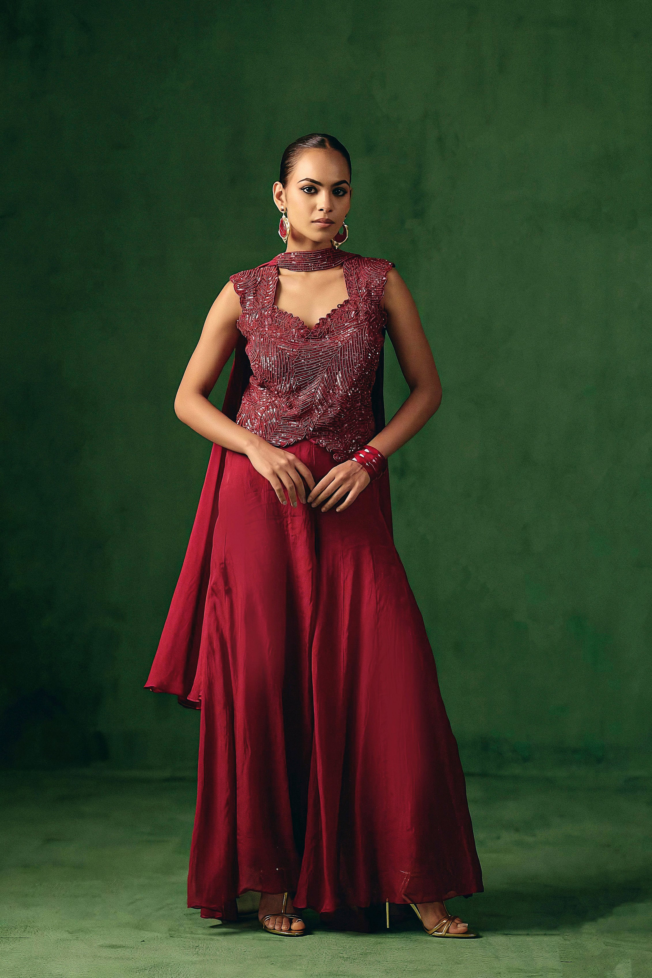 Ruby Red Embellished Organza Silk Palazzo Set
