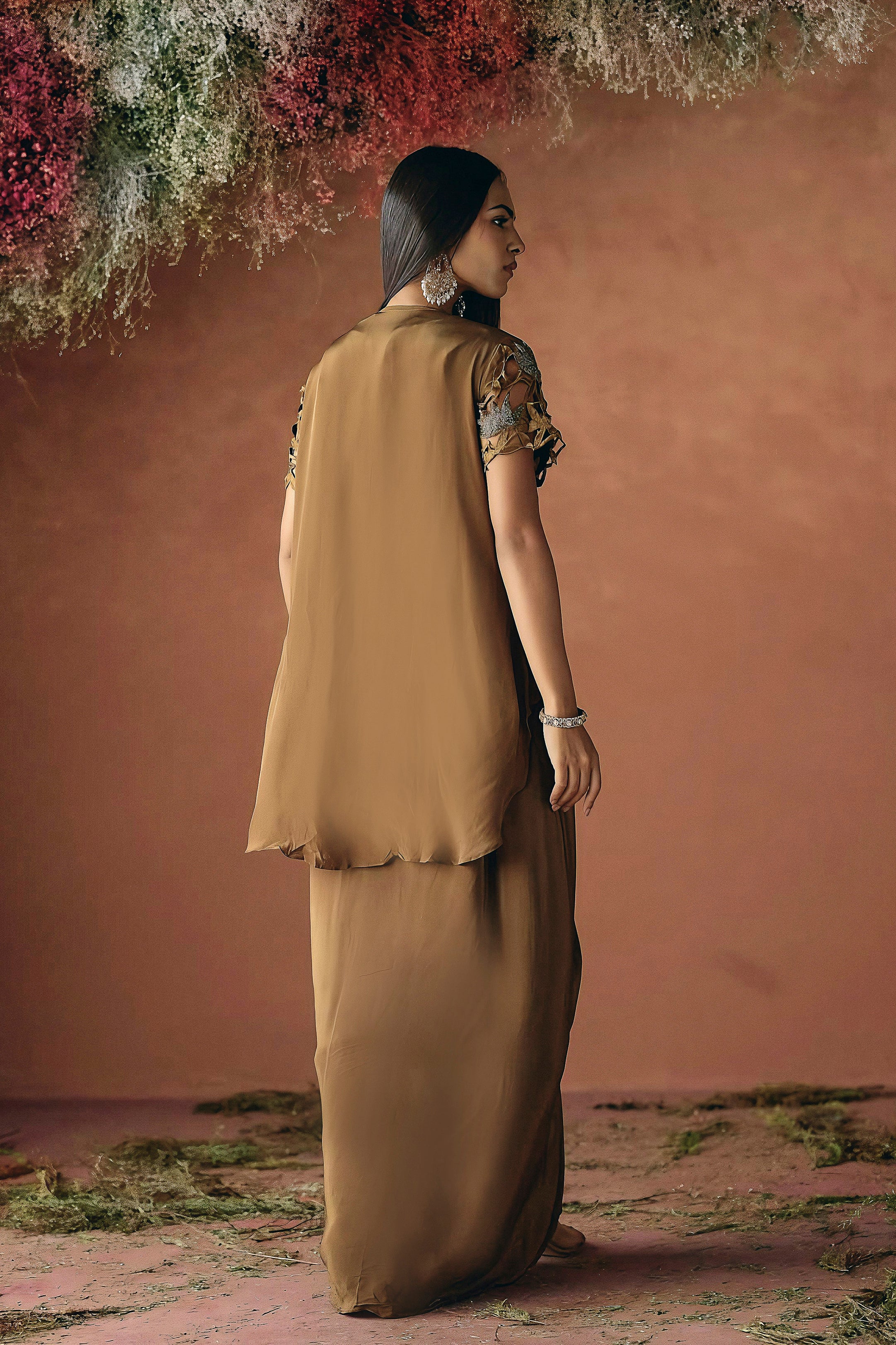 Mocha Brown Embellished Premium Silk Skirt Set