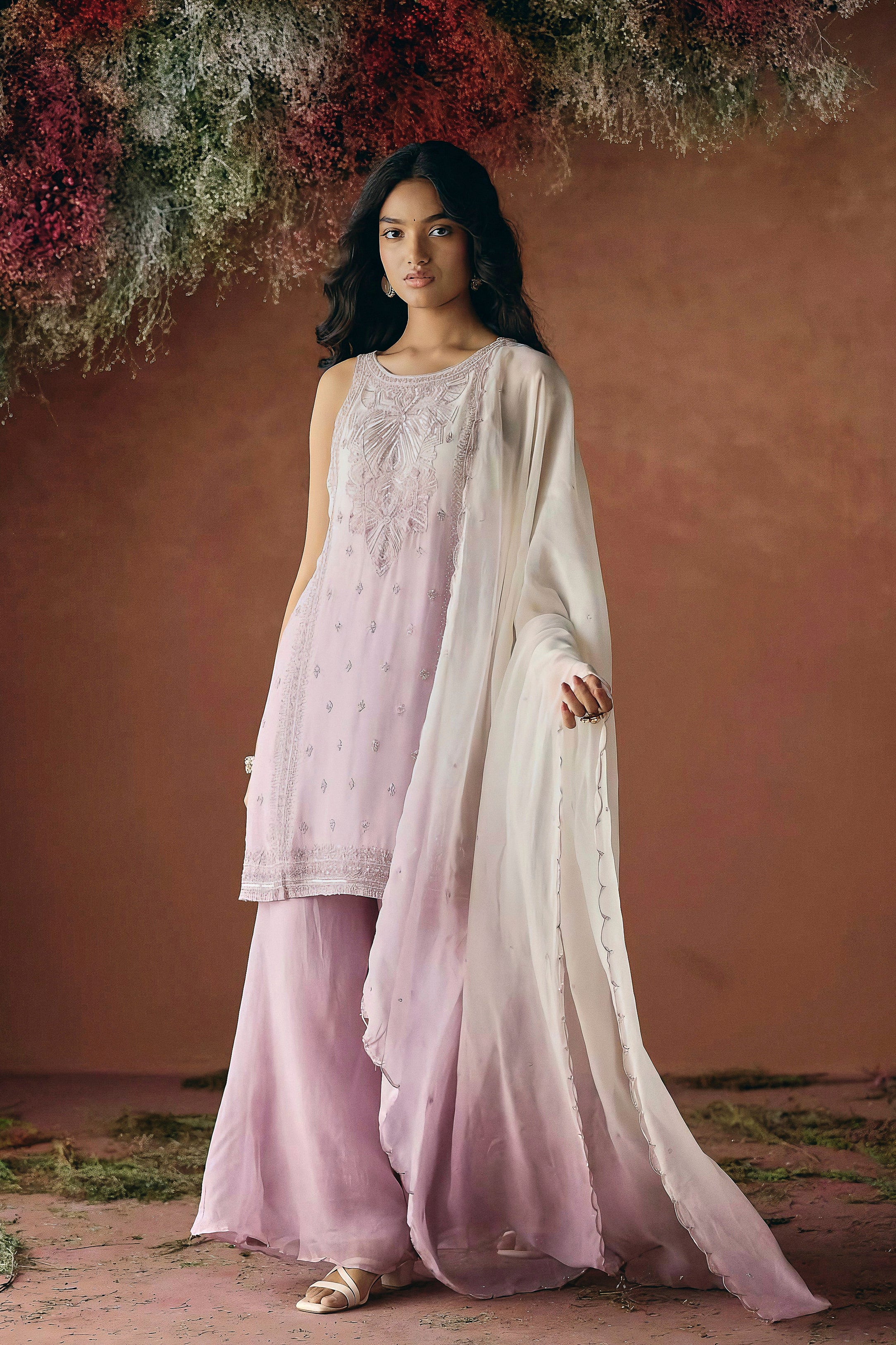 Lilac Pink Embellished Soft Organza Palazzo Set