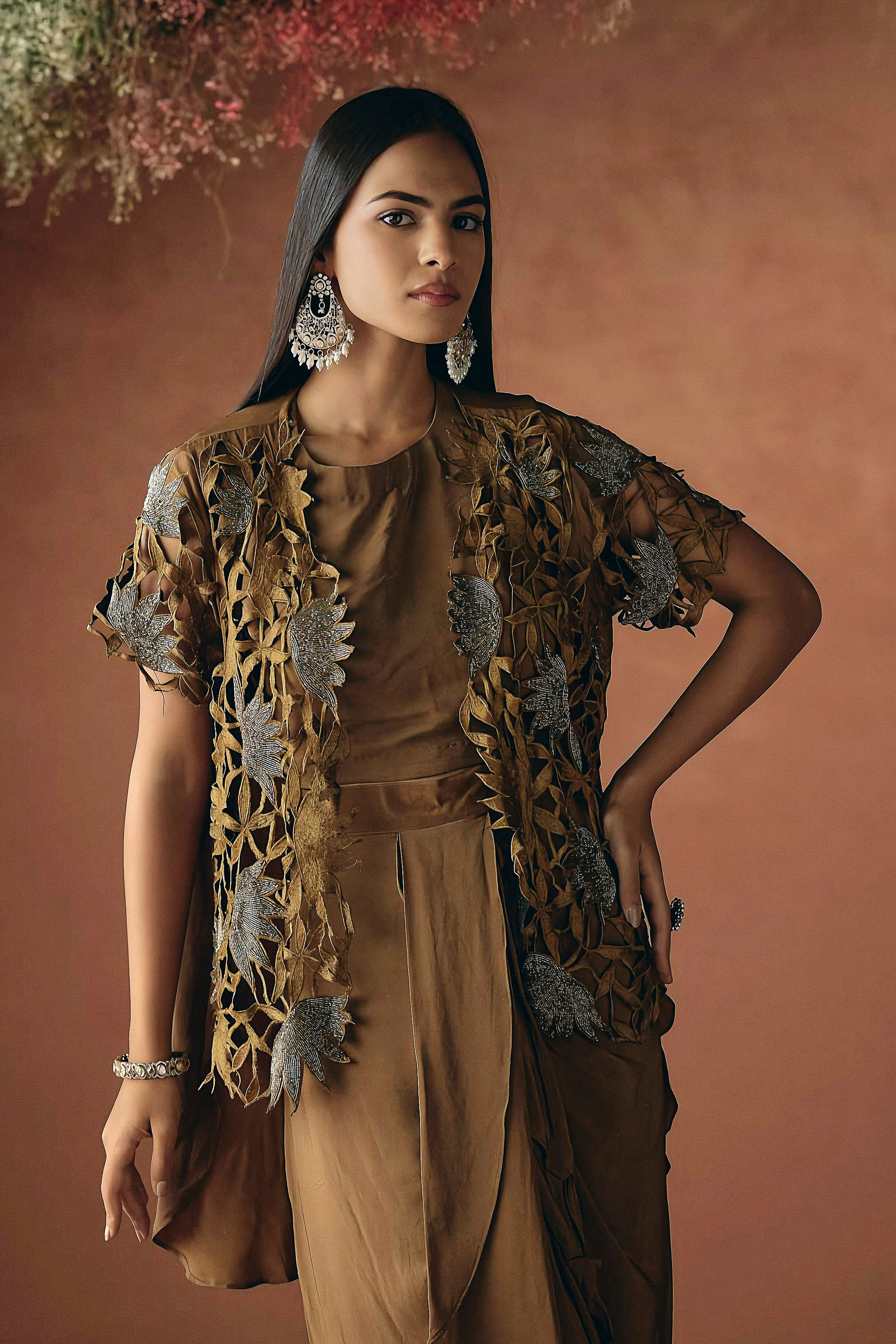 Mocha Brown Embellished Premium Silk Skirt Set