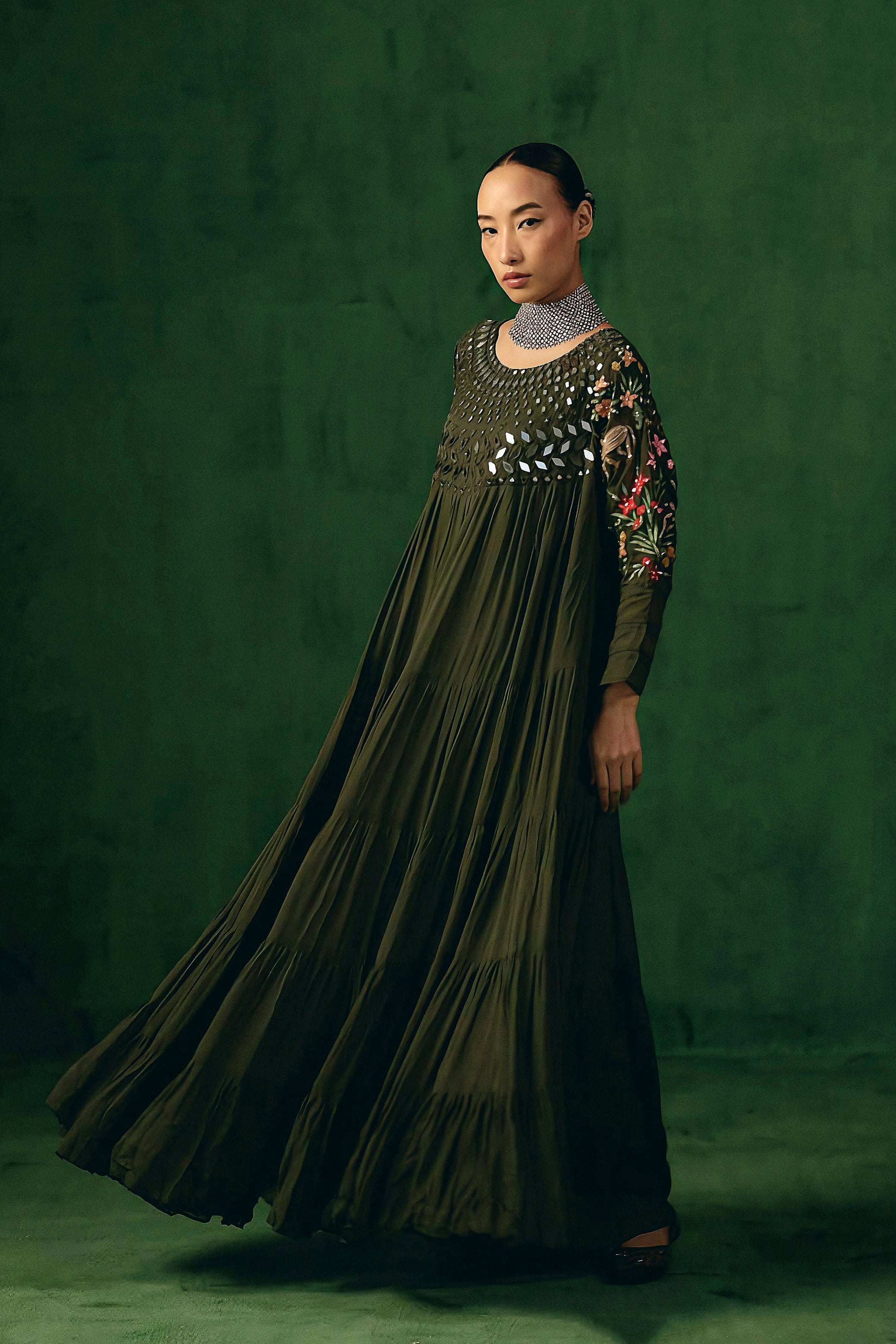 Deep Olive Embellished Georgette Silk Gown