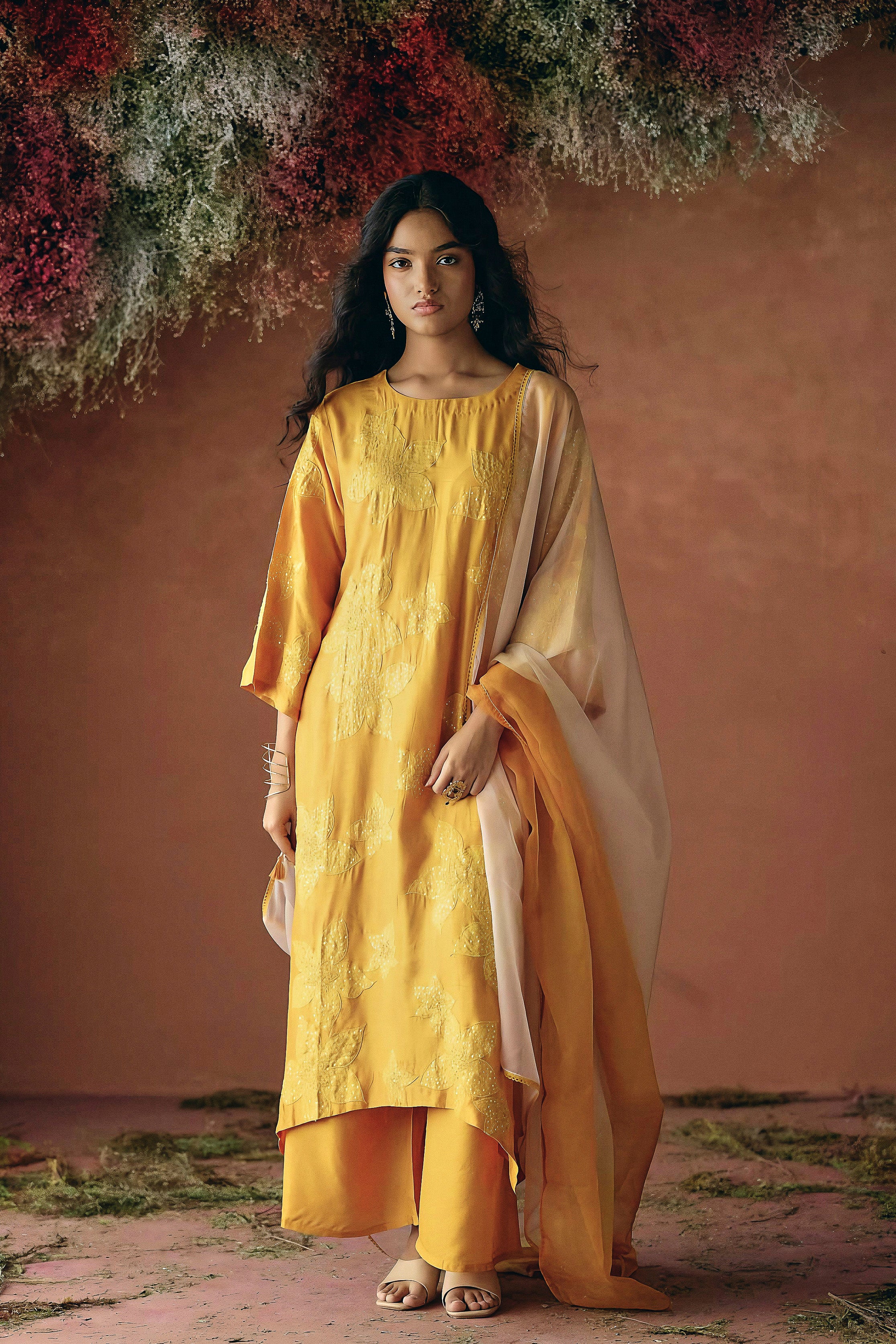 Mustard Yellow Embellished Raw Silk Palazzo Set