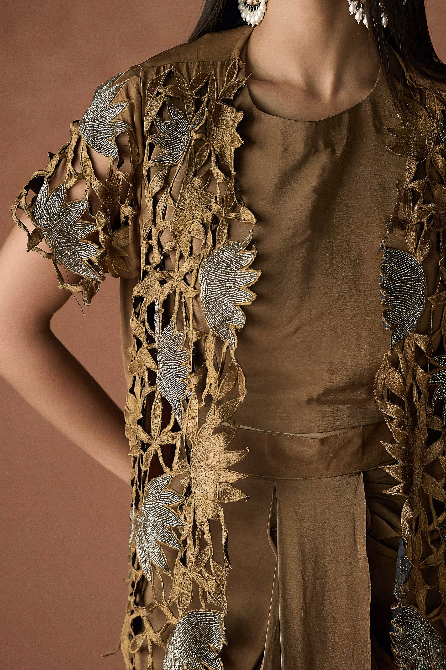Mocha Brown Embellished Premium Silk Skirt Set