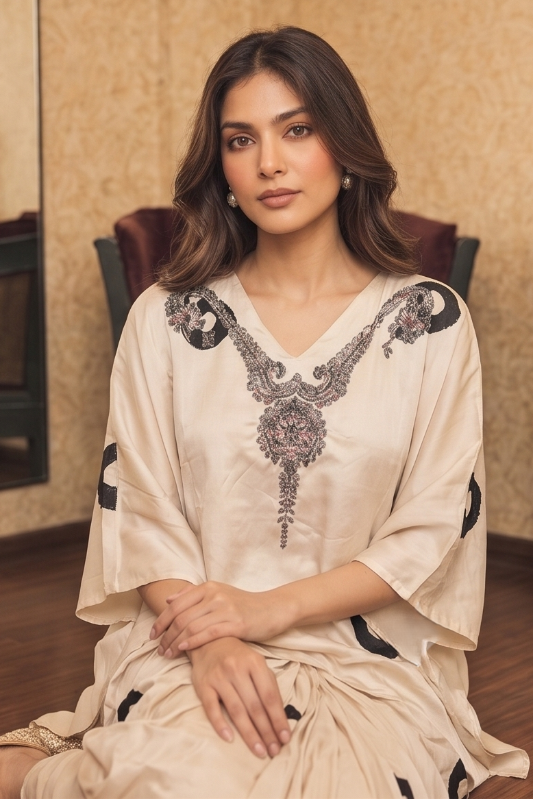 Ivory Beige Embellished Crepe Silk Skirt Set