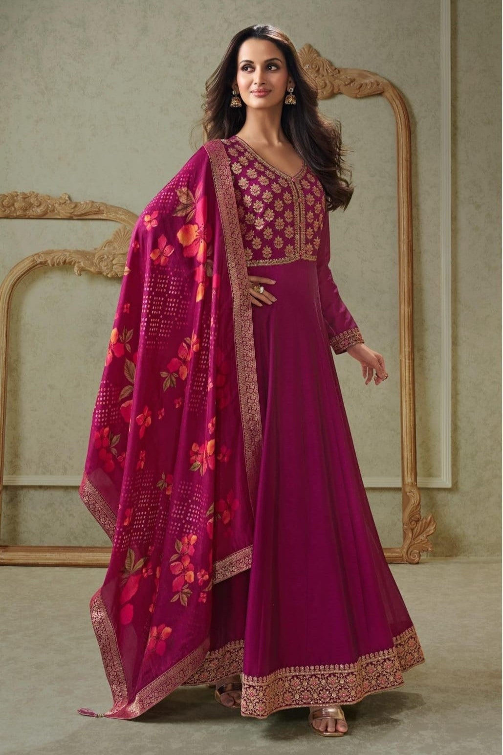 Rouge Pink Embellished Italian Silk Anarkali Set