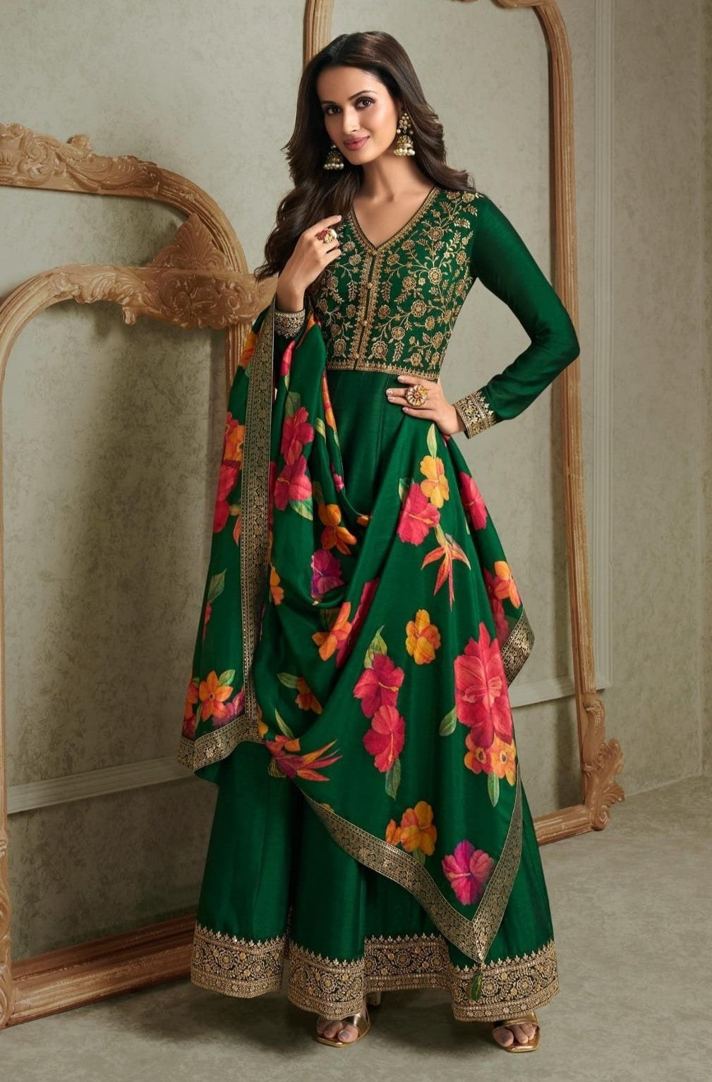 Deep Green Embellished Italian Silk Anarkali Set