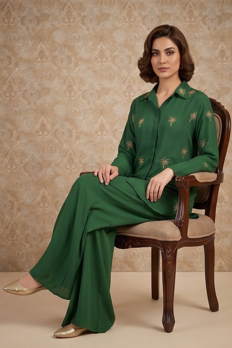 Emerald Green Embellished Crepe Silk Co-Ord Set