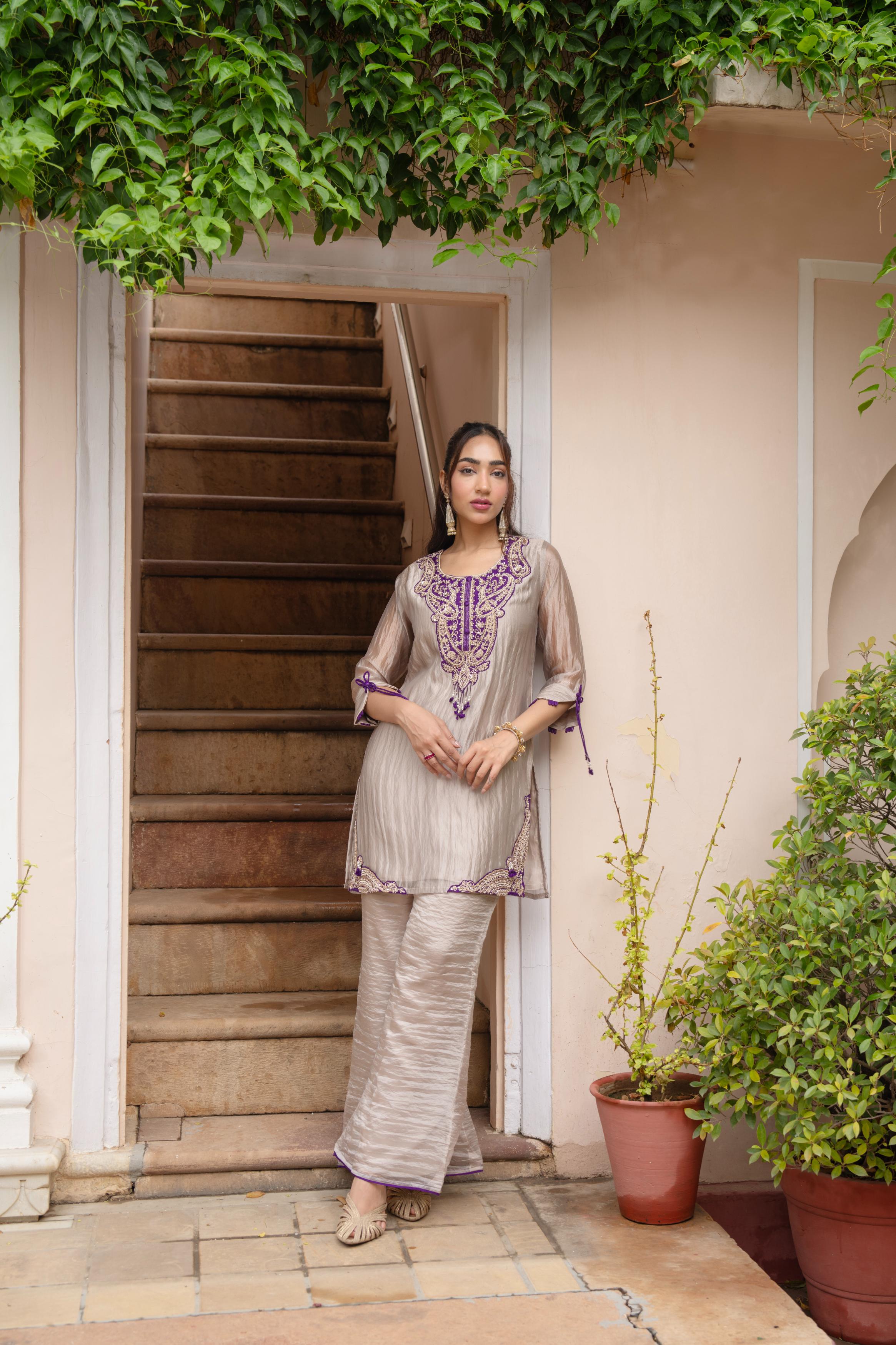 Pearl Beige Embellished Crushed Tissue Silk Palazzo Set