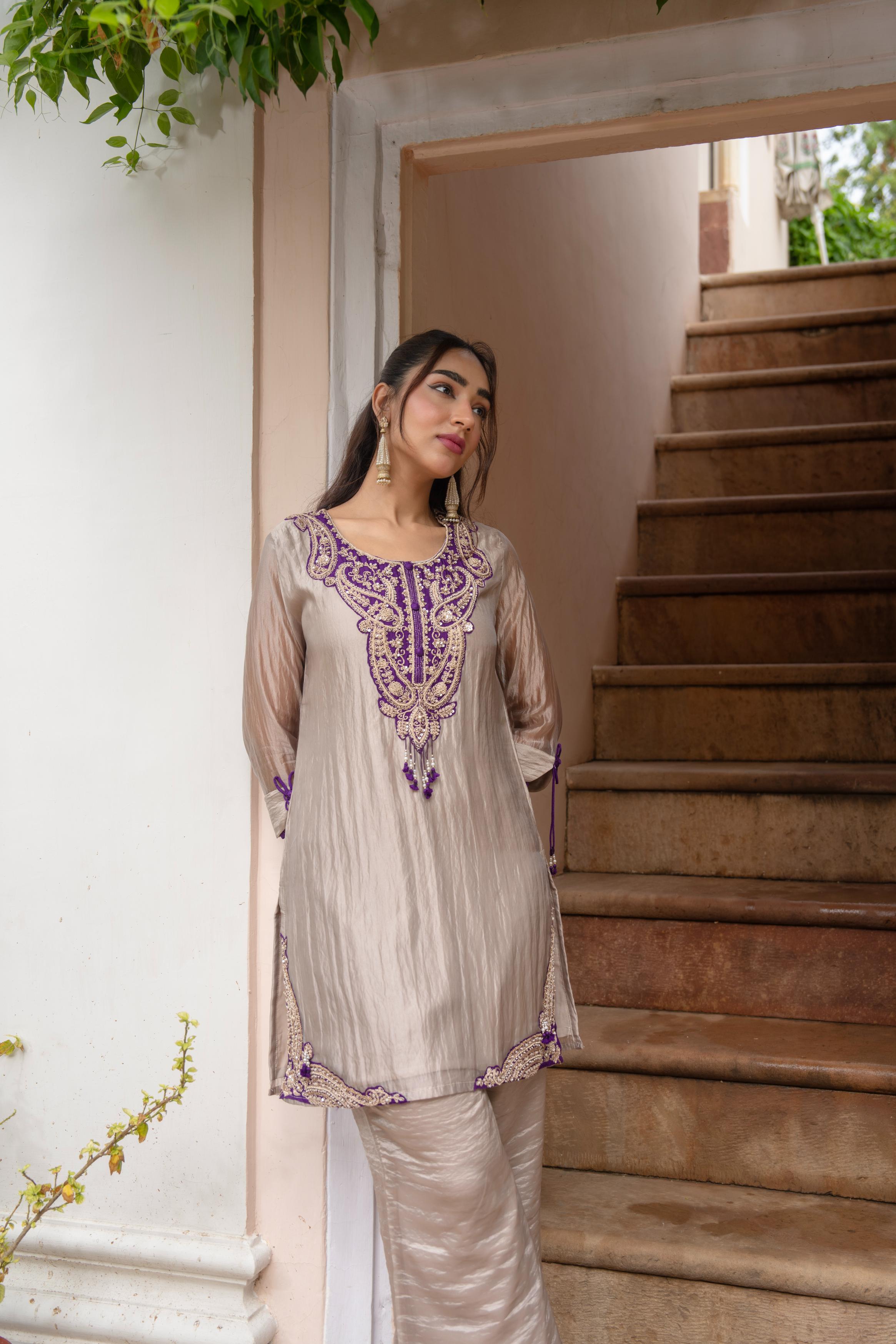 Pearl Beige Embellished Crushed Tissue Silk Palazzo Set