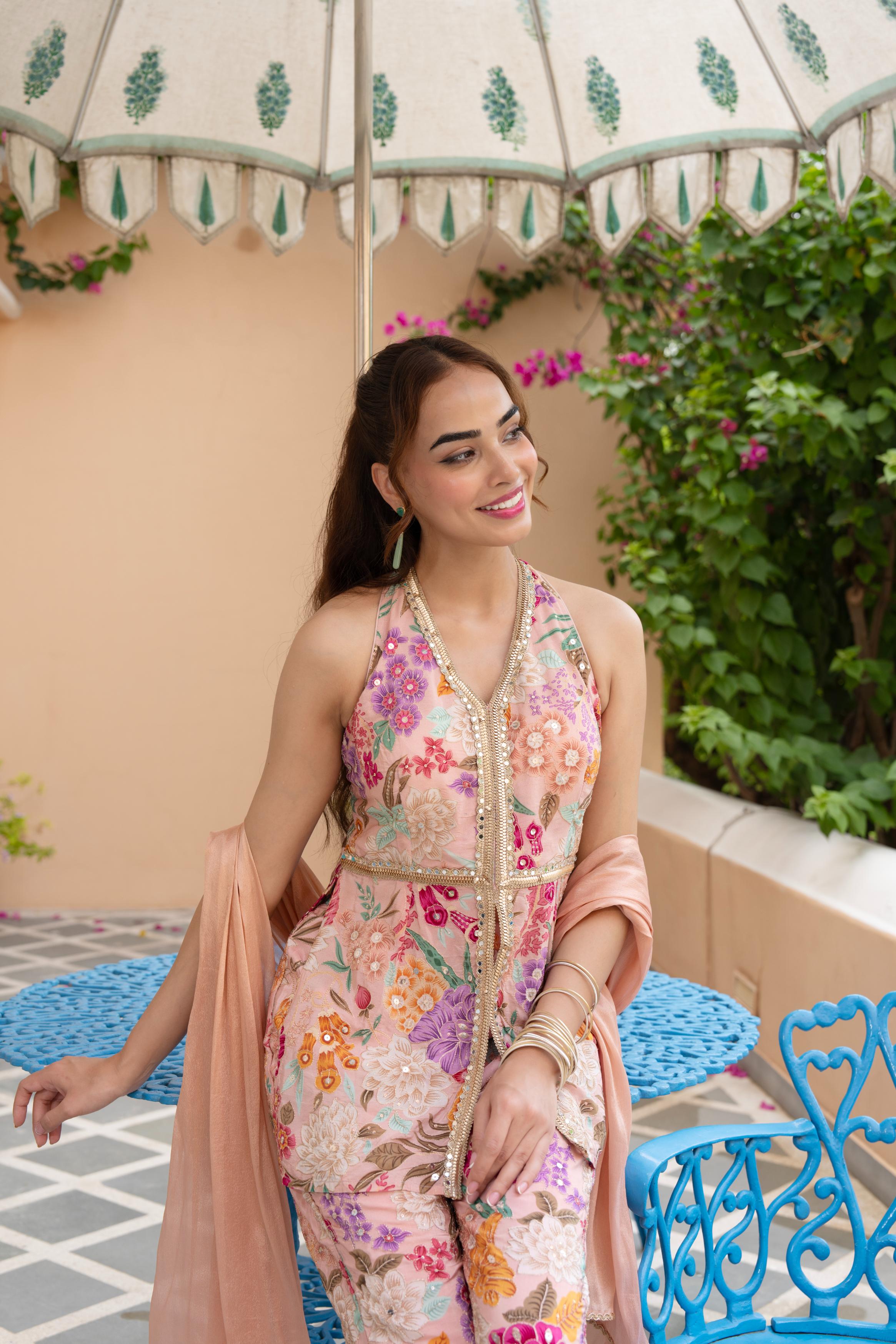 Blush Pink Embellished Crepe Silk Palazzo Set