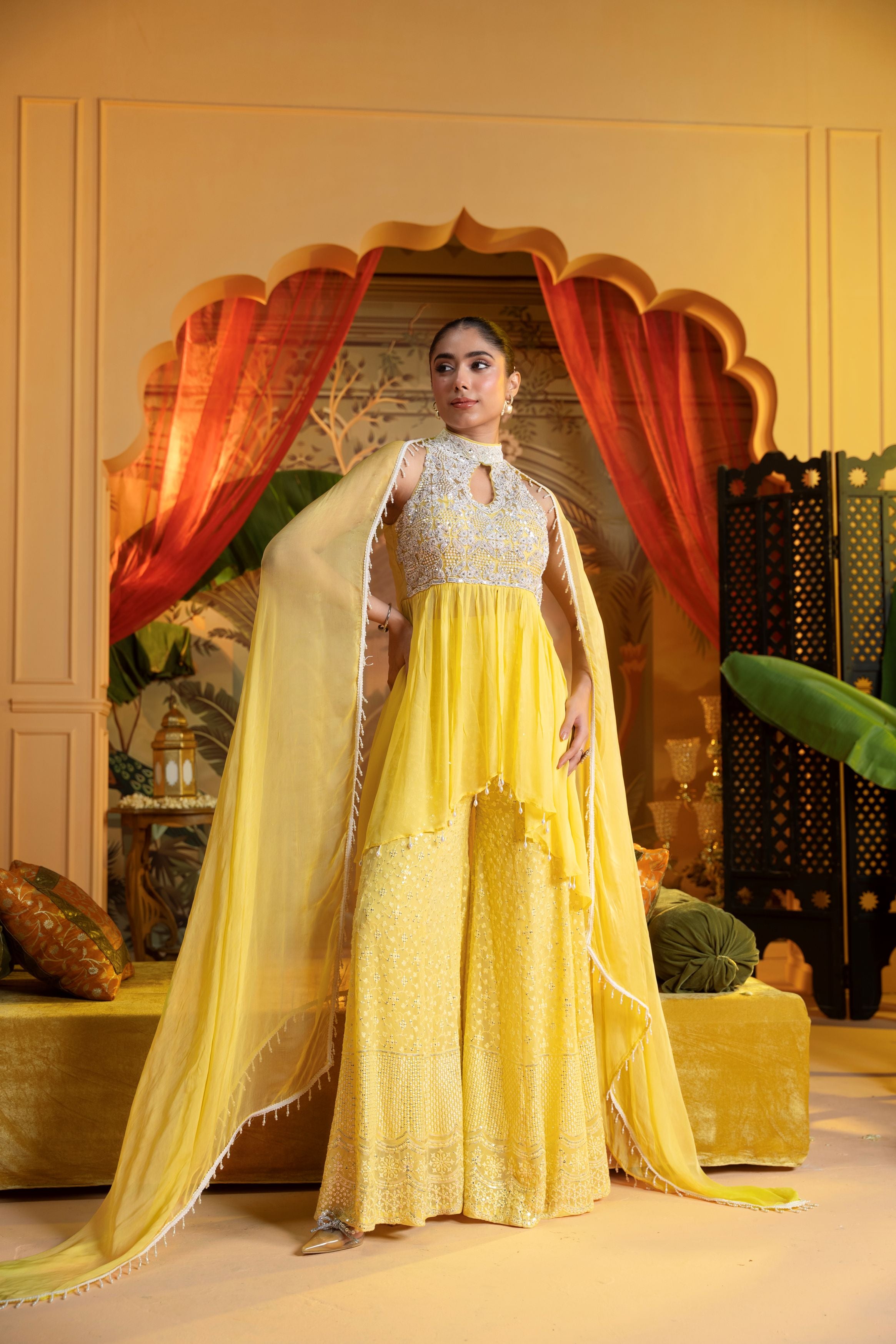 Lemon Yellow Georgette Silk Palazzo Set